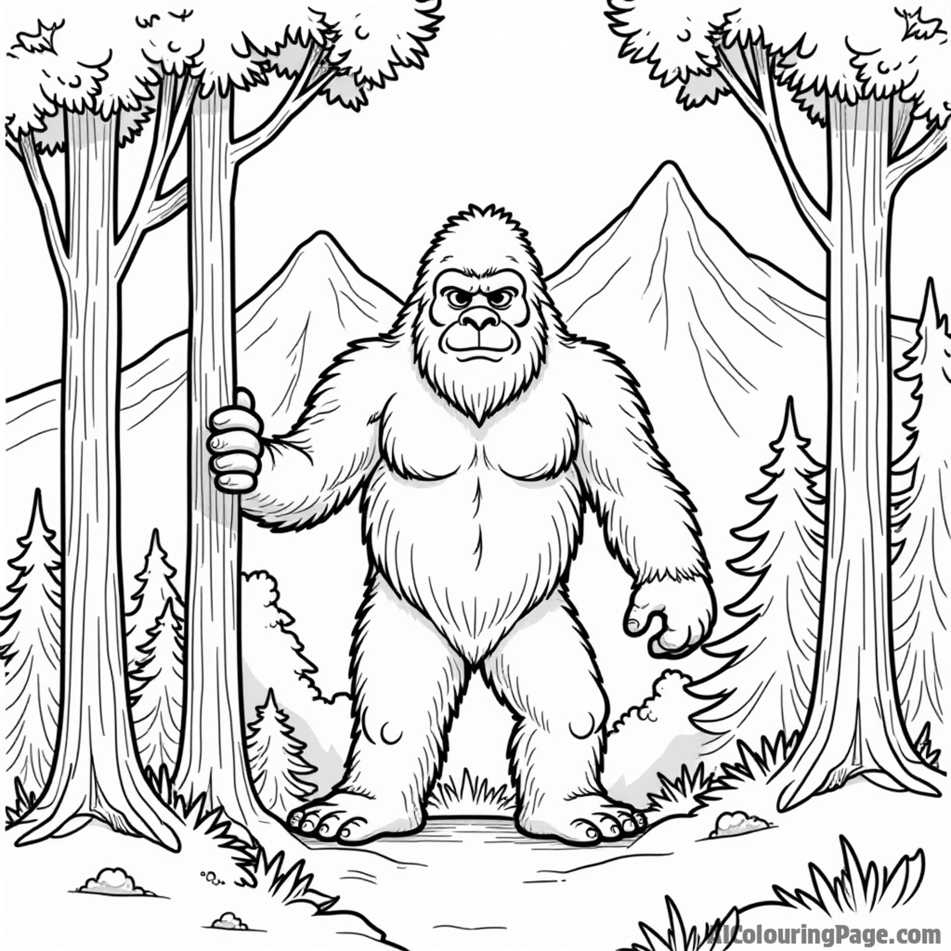 A whimsical scene of a Bigfoot character hiding behind trees, surrounded by pine trees and mountains, United States coloring pages.