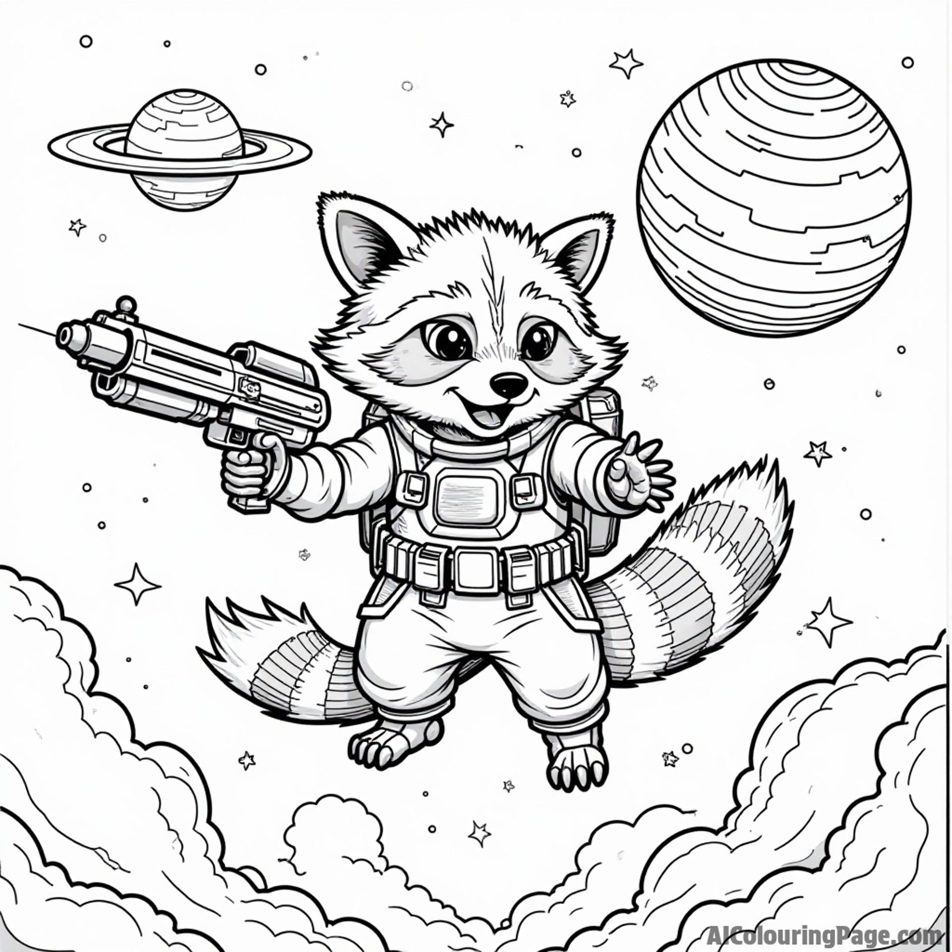A brave raccoon holding a futuristic weapon while flying in a spaceship with a colorful planet in the background.