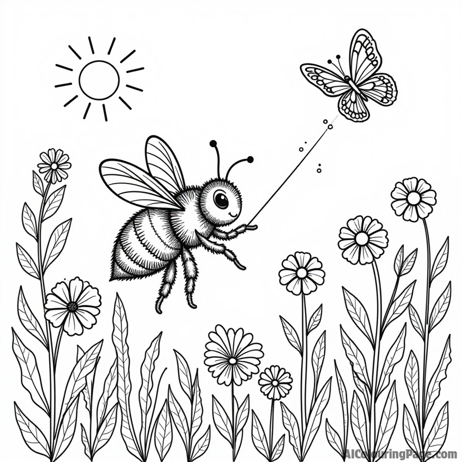 A bee playing tag with butterflies in a colorful garden, with flowers blooming all around and sunshine above.