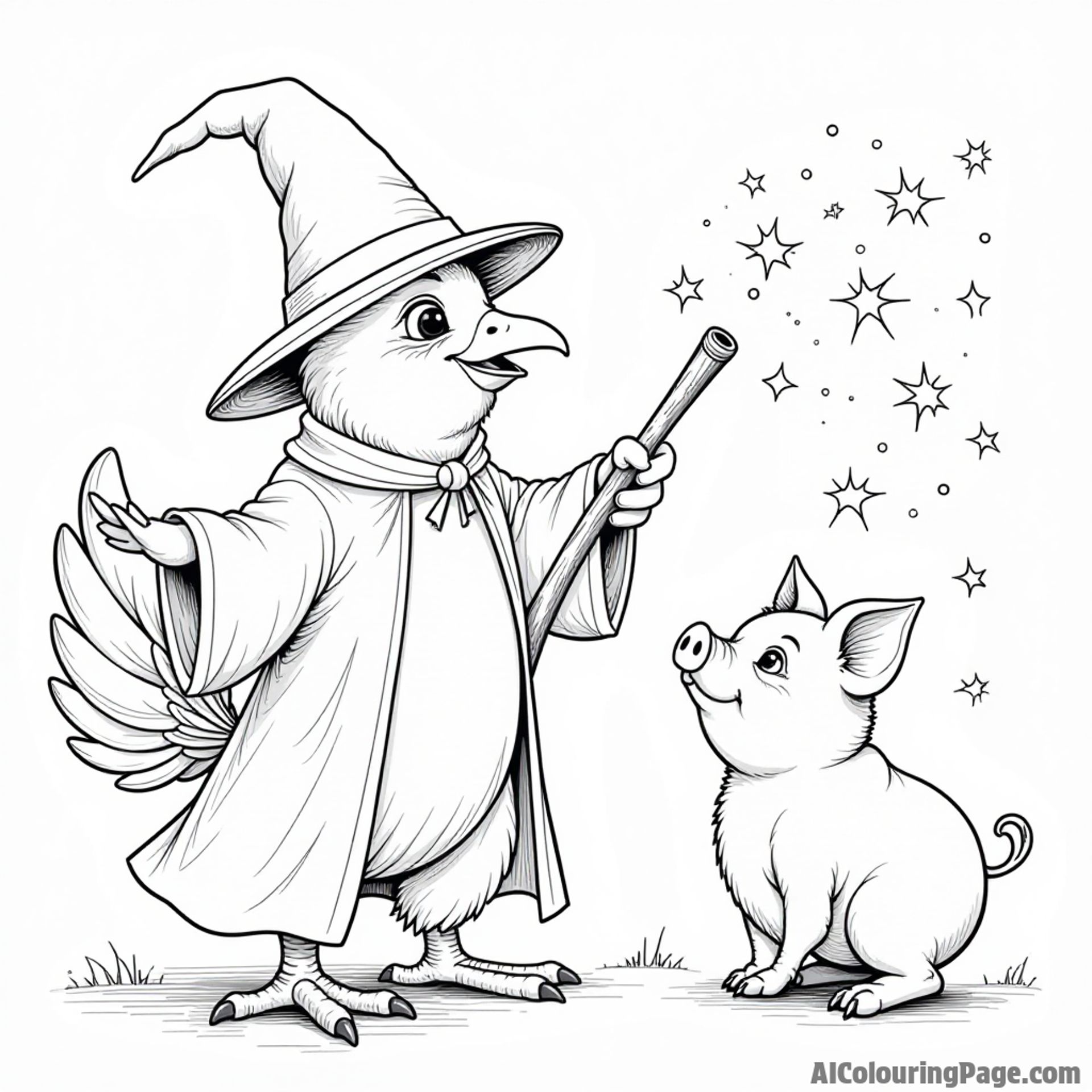 A bird dressed as a wizard casting spells with a wand while a pig watches in awe surrounded by magic sparkles