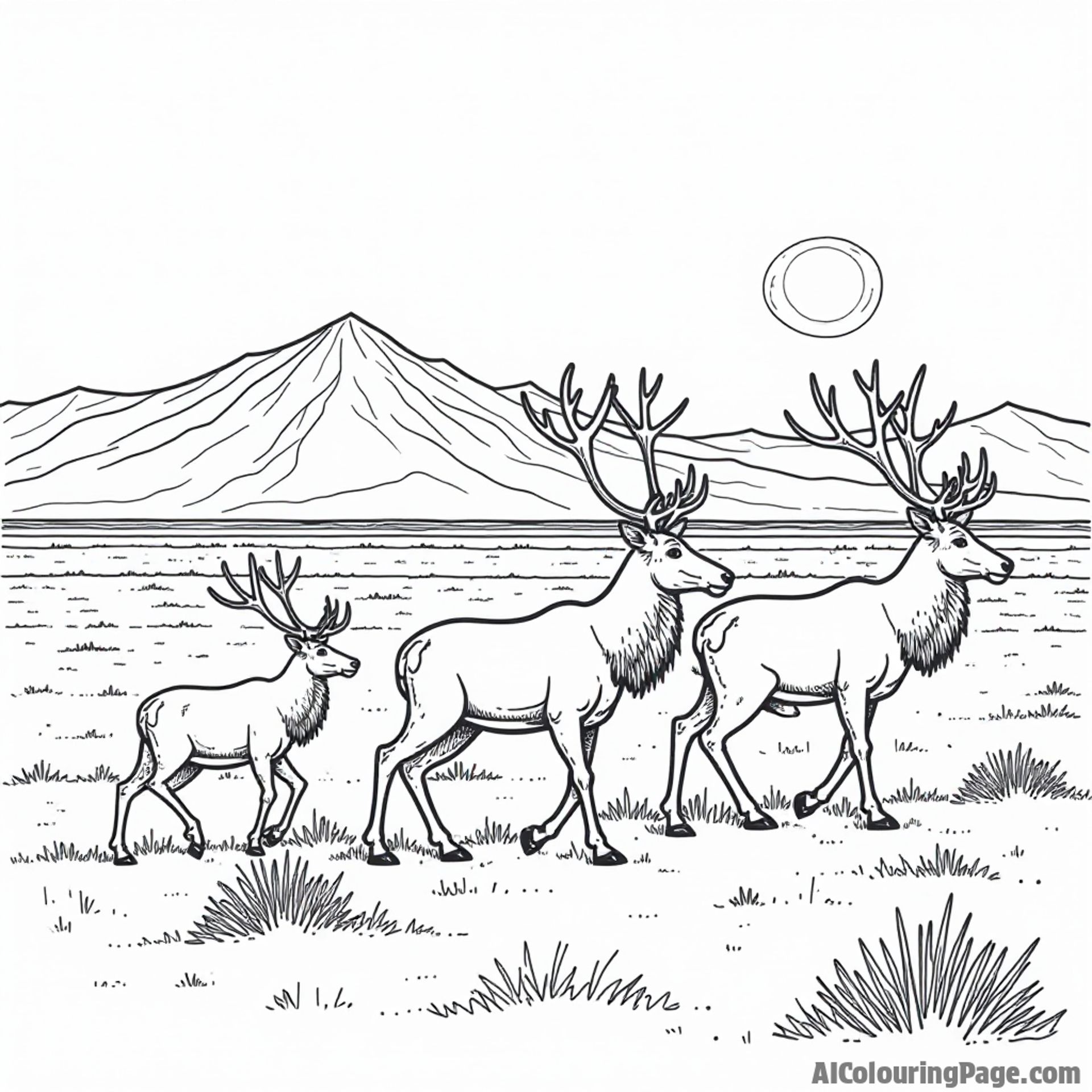 A family of caribou migrating across a vast tundra, with a distant mountain range and a bright sun, celebrating Alaska's wildlife.