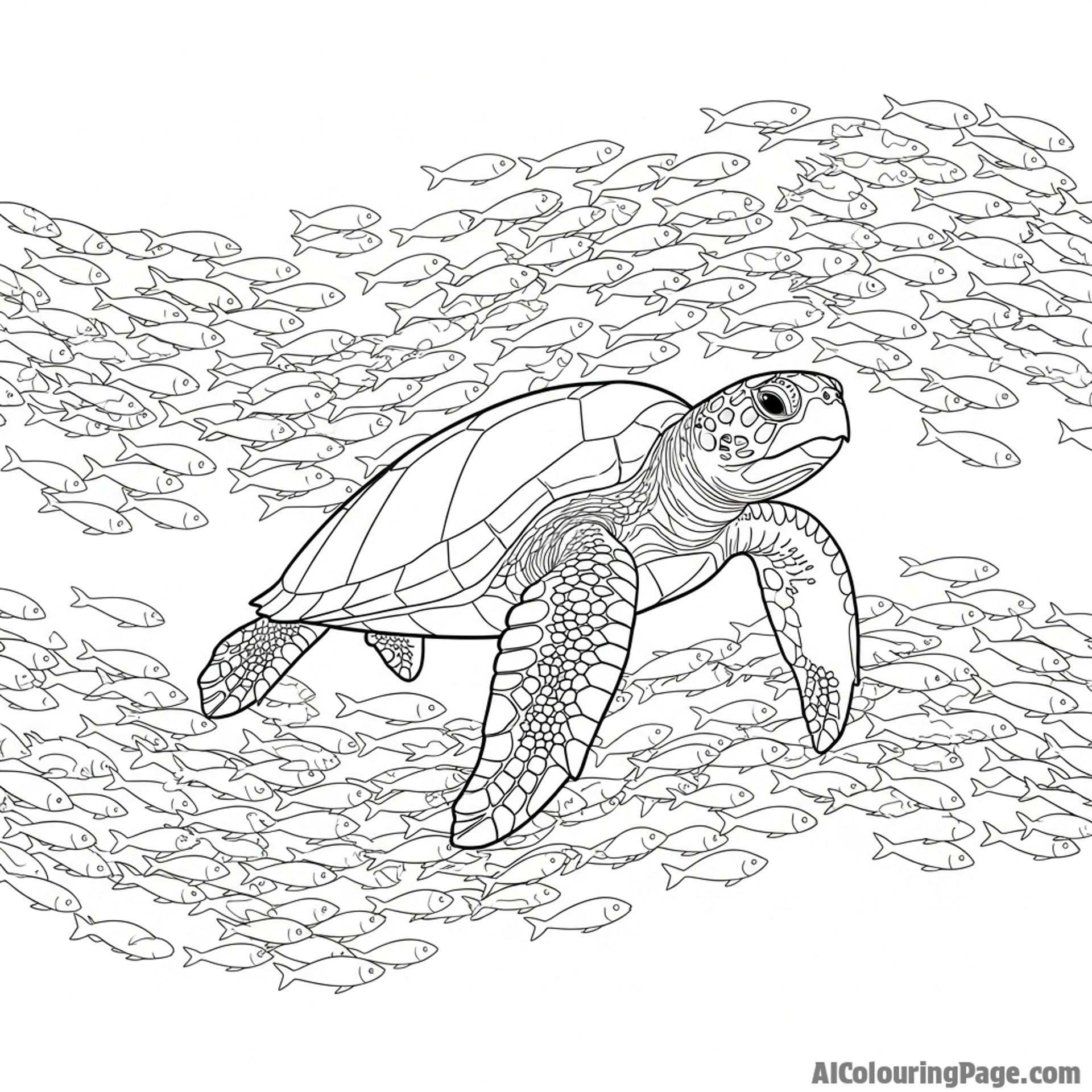 A turtle swimming through a school of shimmering fish.