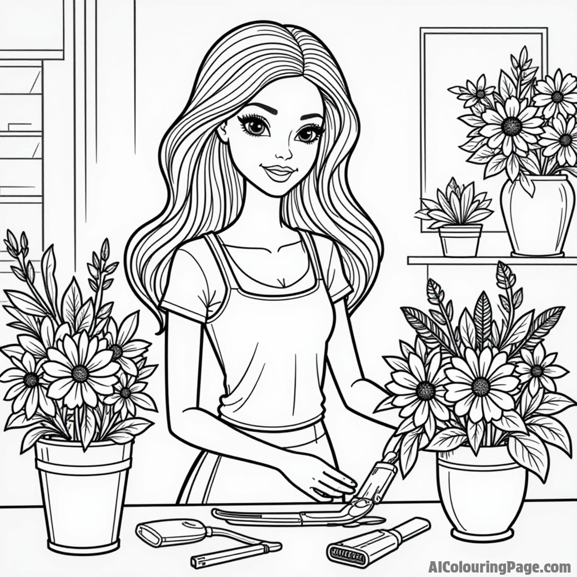 Barbie at a flower shop, arranging beautiful bouquets and plants, with colorful flowers and gardening tools around her.