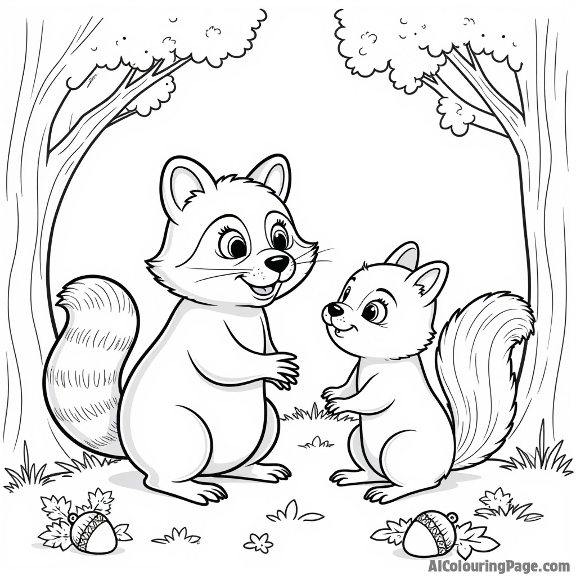 A playful scene of a raccoon and a squirrel in a forest, surrounded by trees and acorns for children to color.