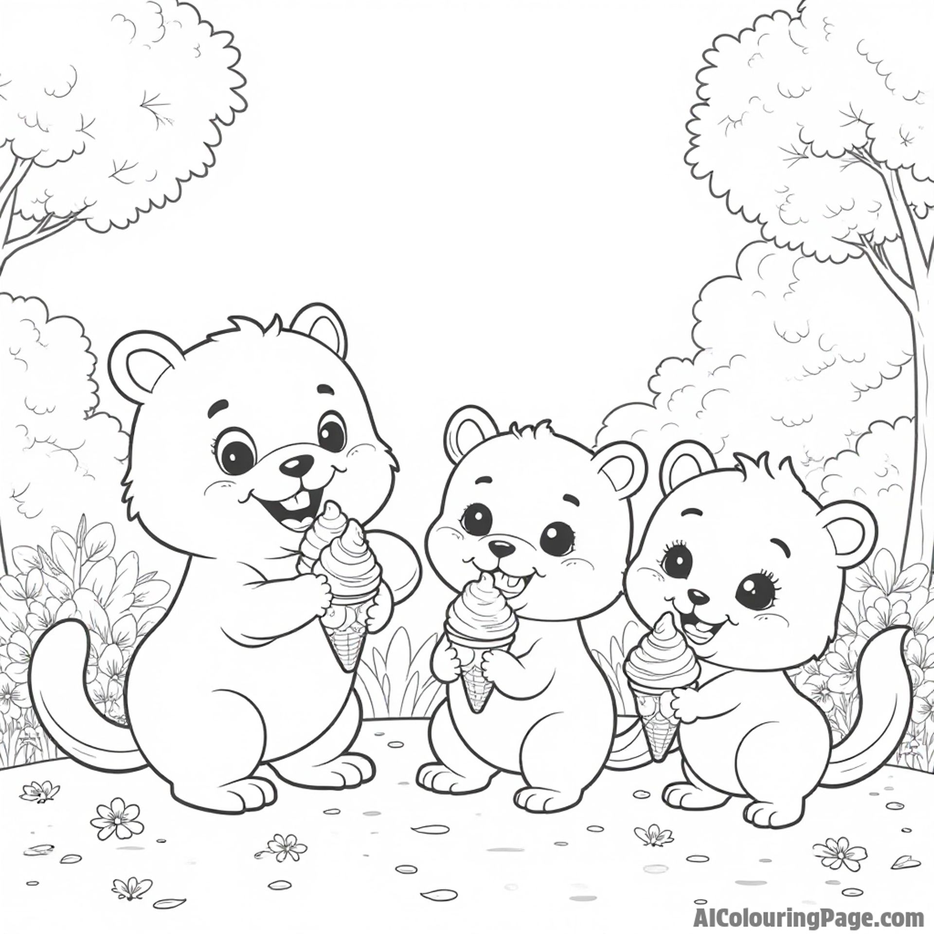 A group of adorable animals enjoying ice cream cones at a park, with trees and flowers in the background