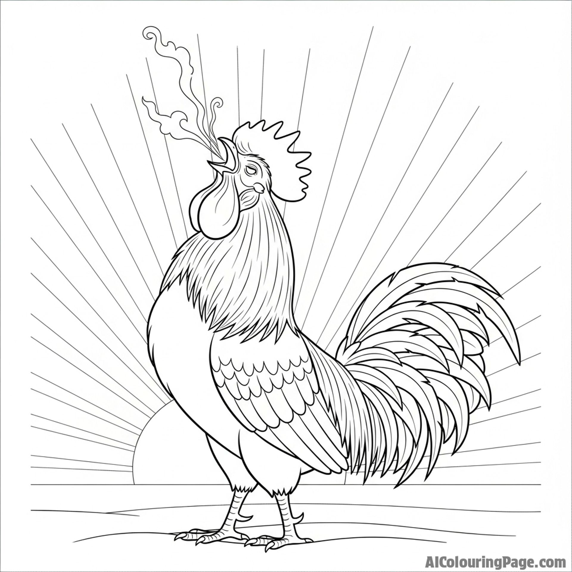 A majestic rooster crowing at sunrise, its breath visible in the morning air.