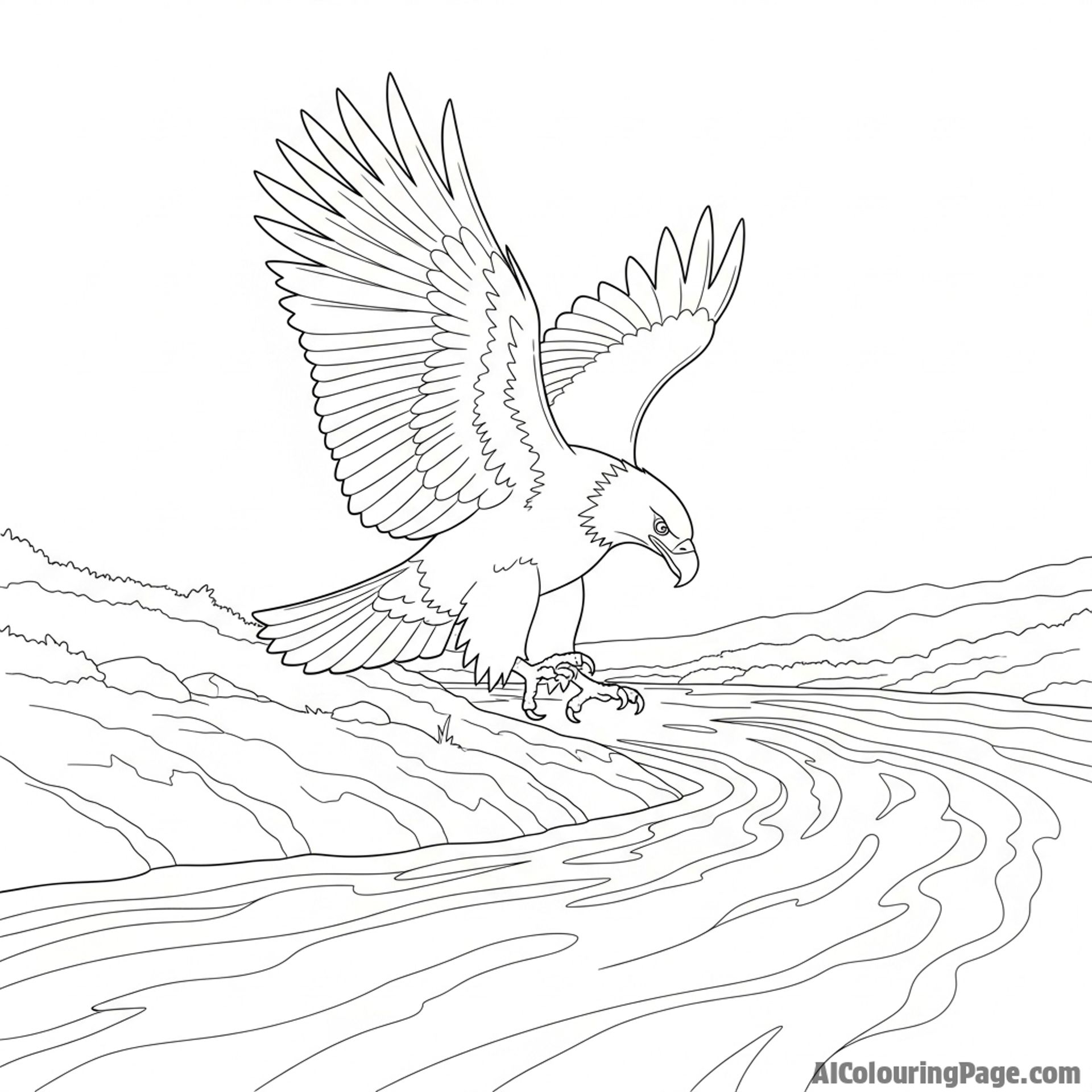Eagle landing beside a flowing river.