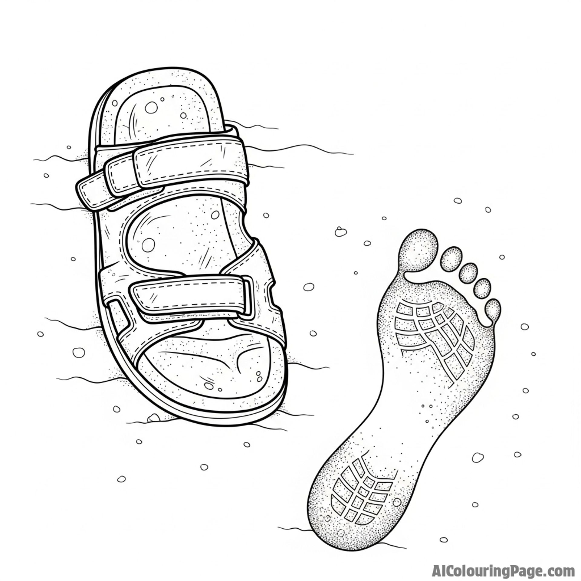 Worn sandals, footprint in the sand, passage of traveler.
