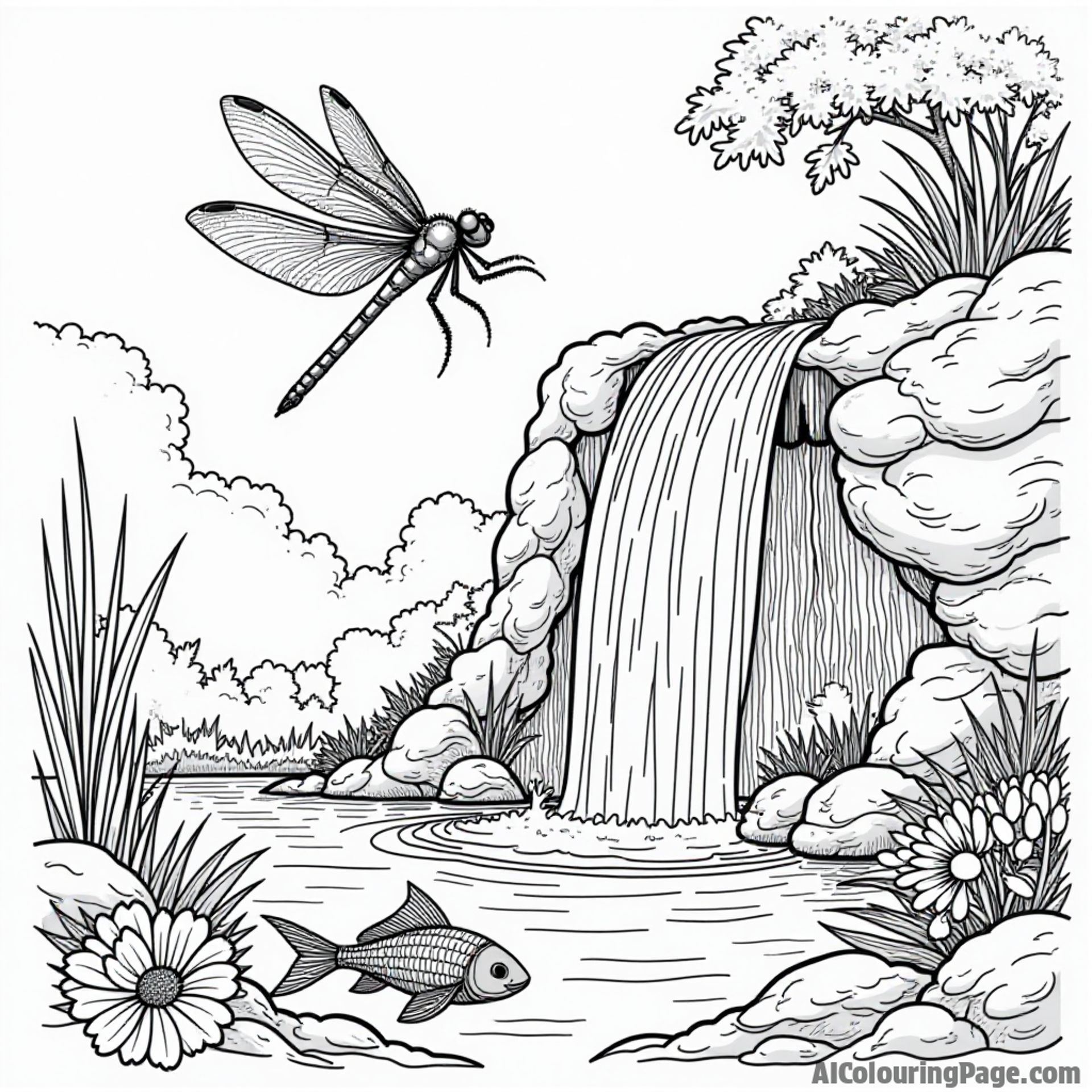A dragonfly flying over a sparkling waterfall with colorful fish swimming in the clear water beneath.