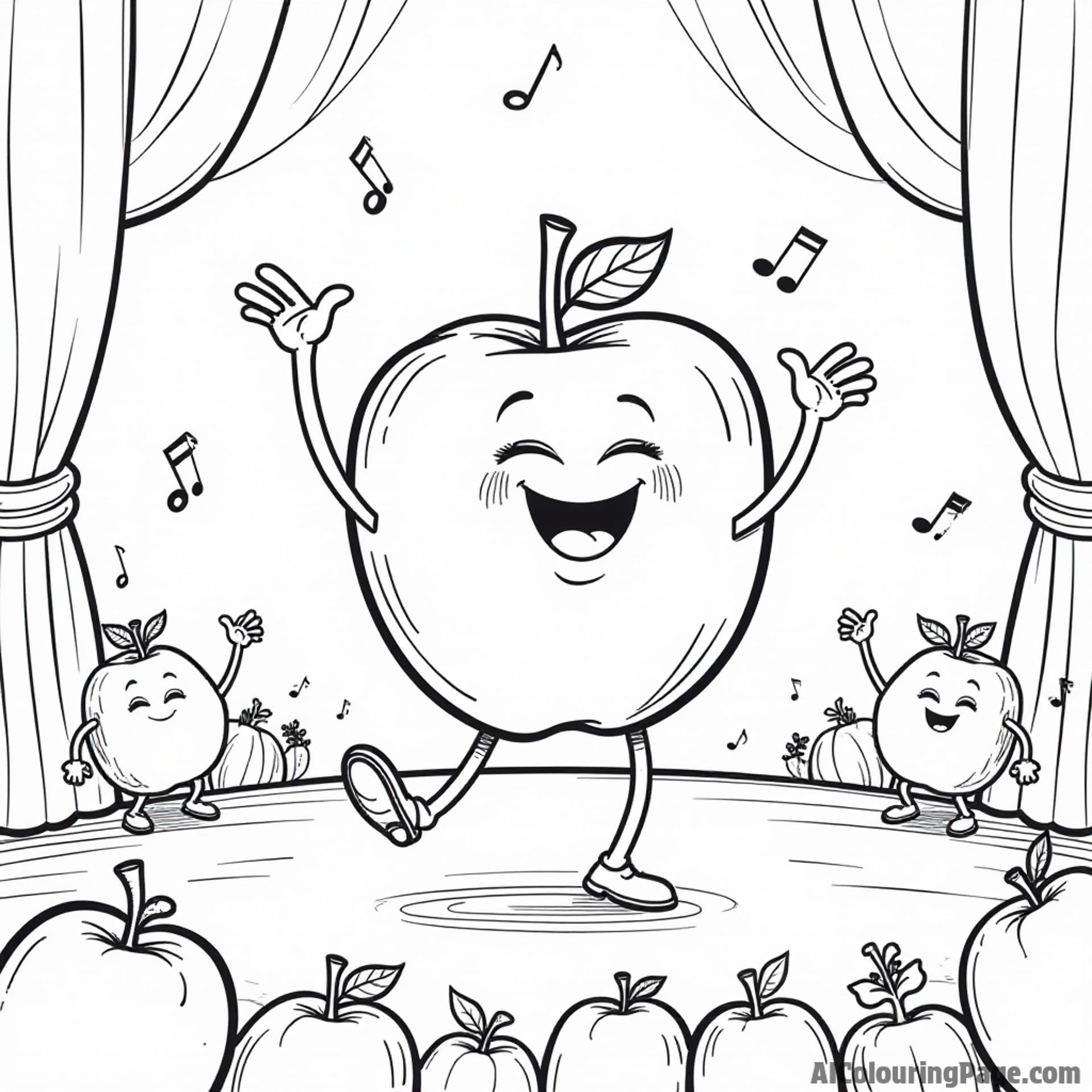 A joyful apple dancing on a stage, with musical notes and cheering fruit characters in the audience.