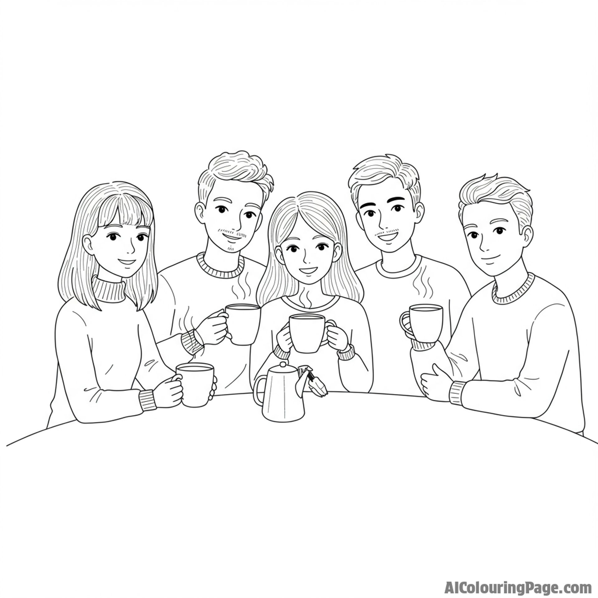 A group of friends sharing secrets and smiles over steaming mugs in a cozy cafe.