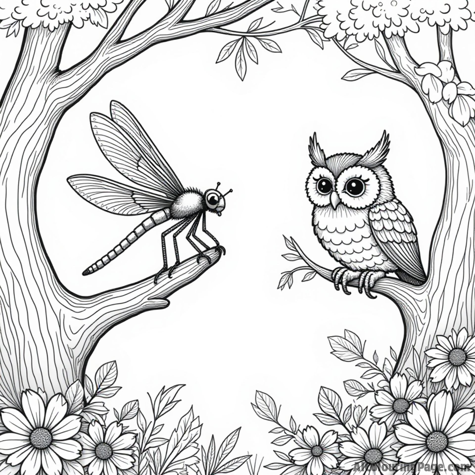 A dragonfly resting on a tree branch while a wise owl watches over the enchanted forest below.