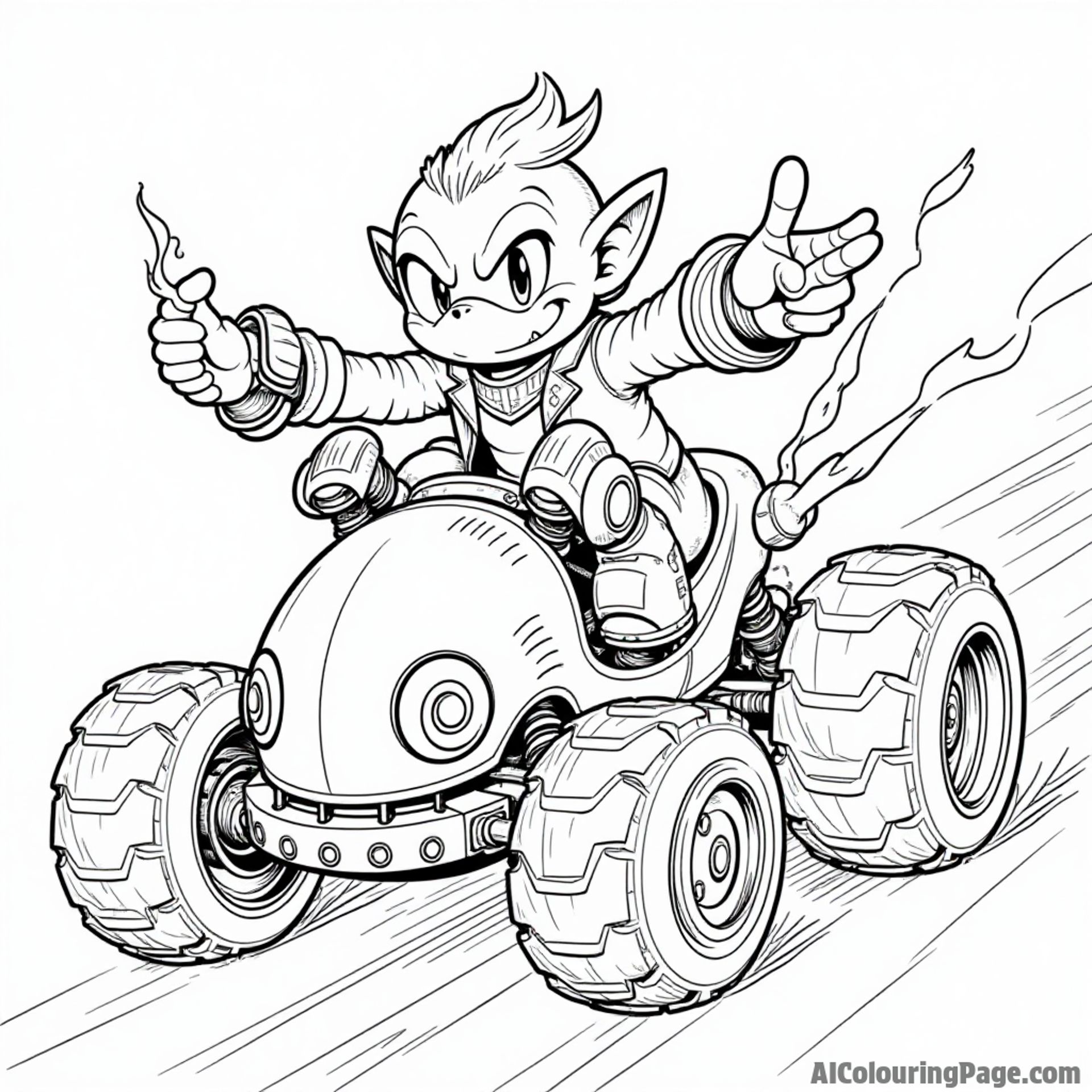 Dr. Eggman riding a crazy contraption, with gears and gadgets flying around, showcasing his latest wild invention to color.