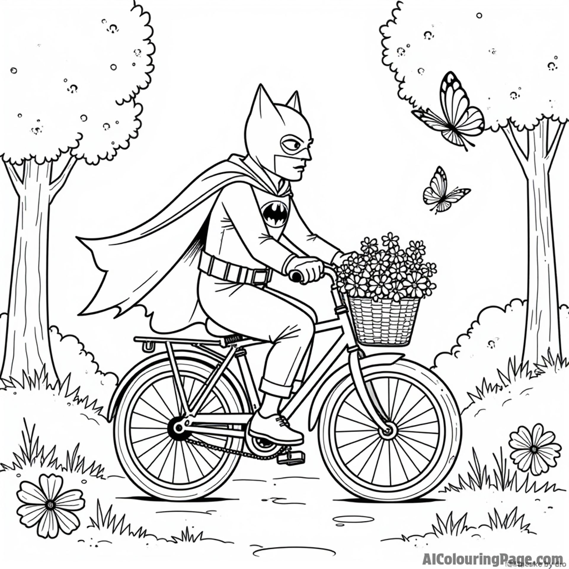 A whimsical scene of Batman riding a bicycle through a park with a basket full of flowers and butterflies around.