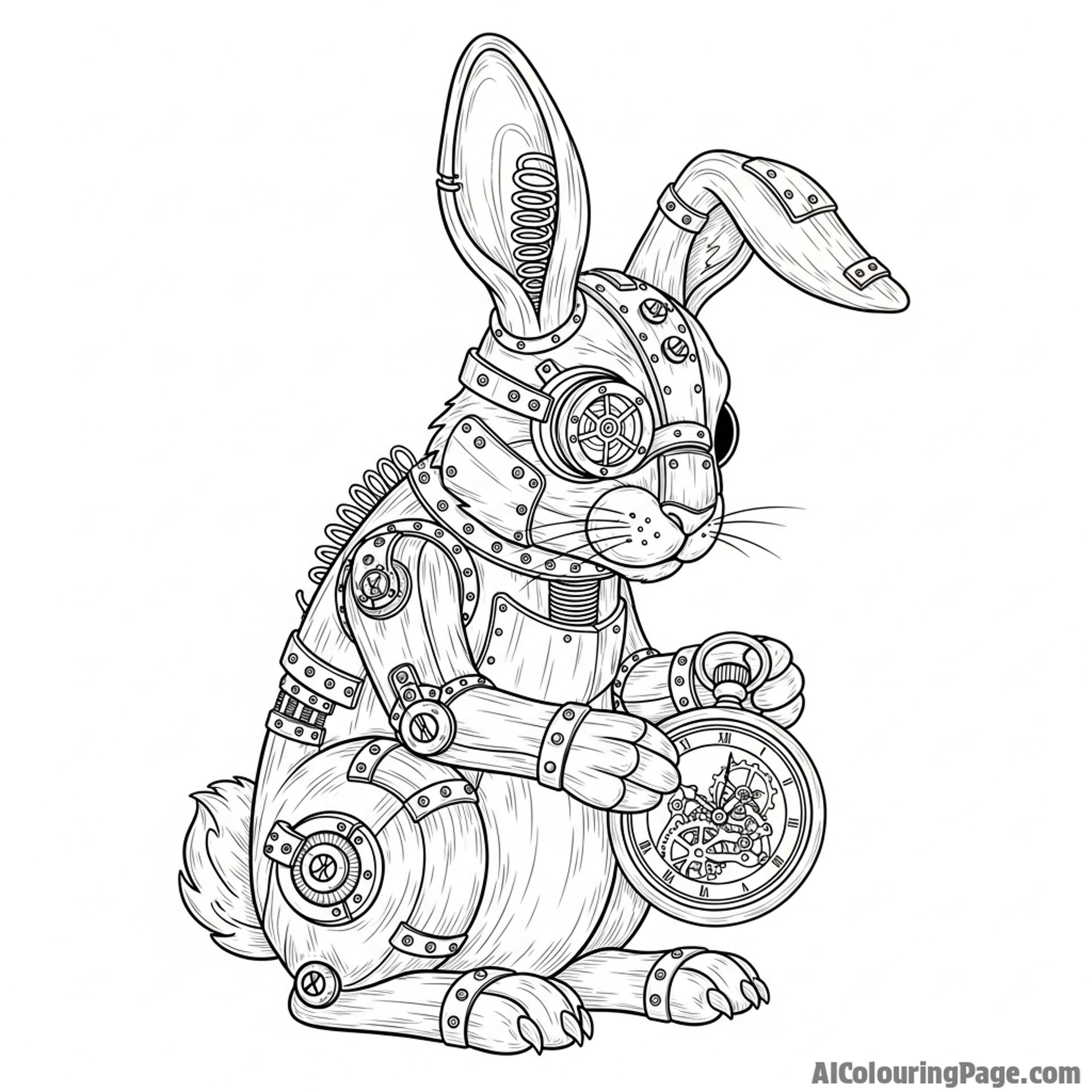 An intricate steampunk bunny with exposed gears and brass fittings, holding a pocket watch.
