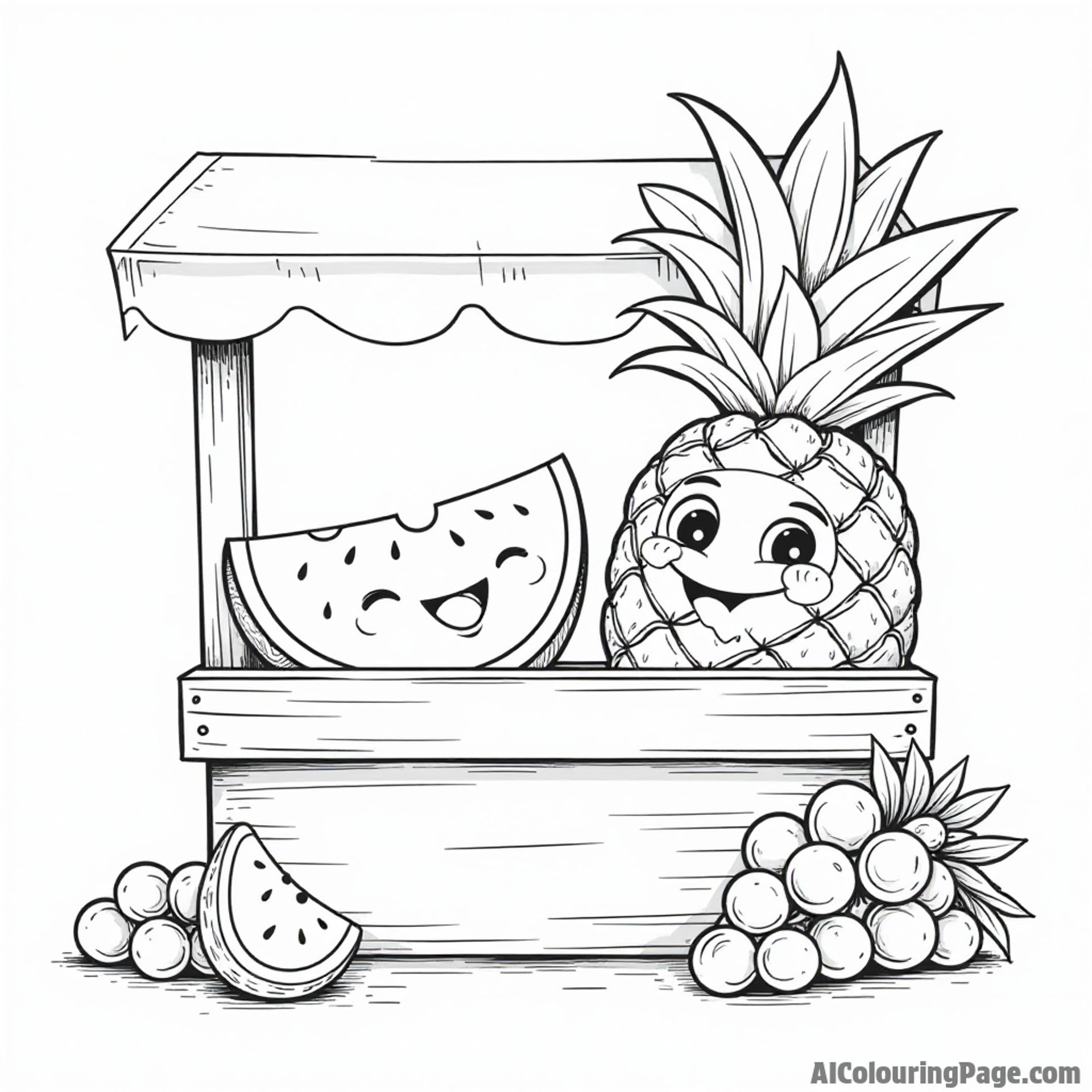 A friendly fruit stand with a smiling watermelon, a cheerful pineapple, and a playful bunch of grapes waiting to be picked.