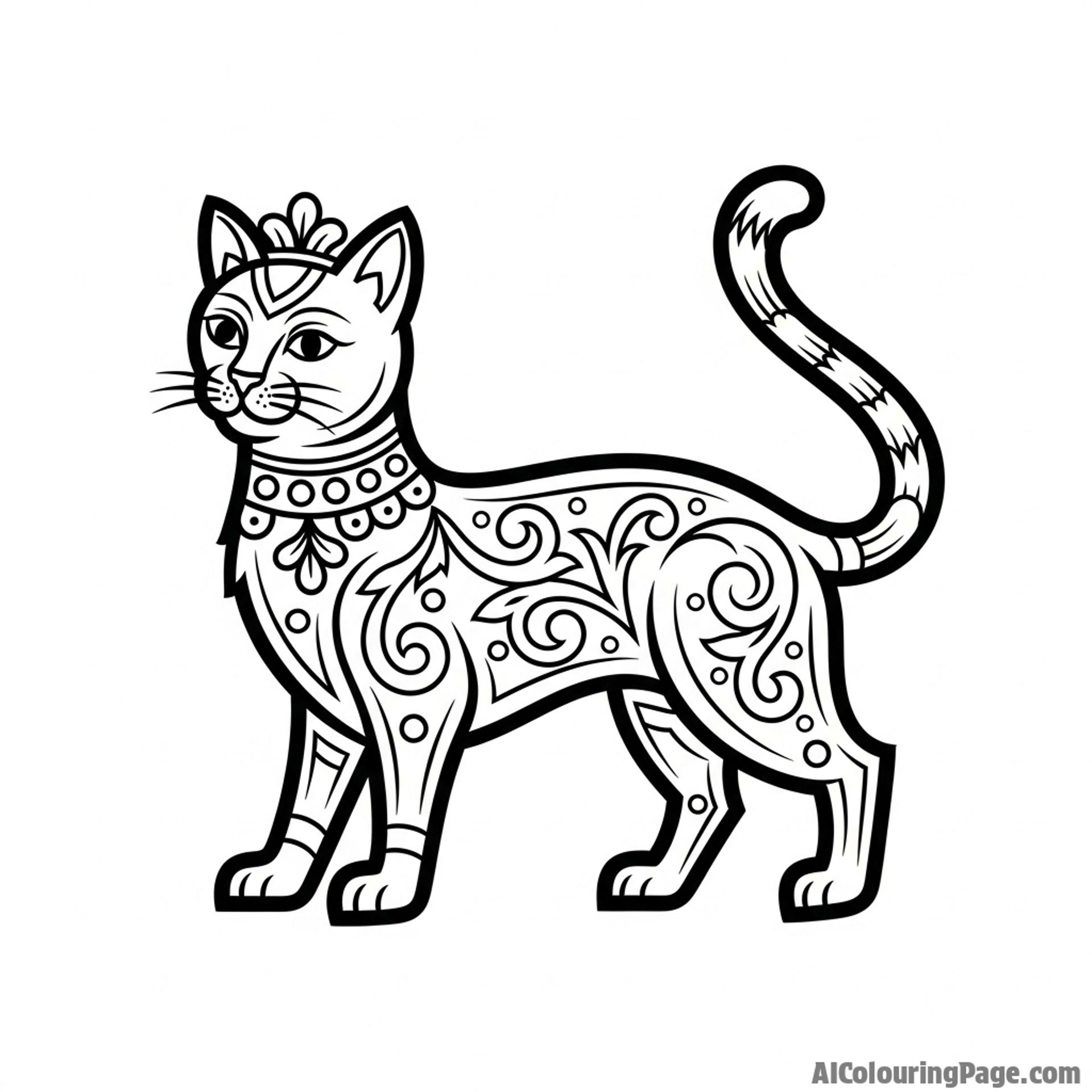 A cat drawn in the style of a medieval illuminated manuscript.