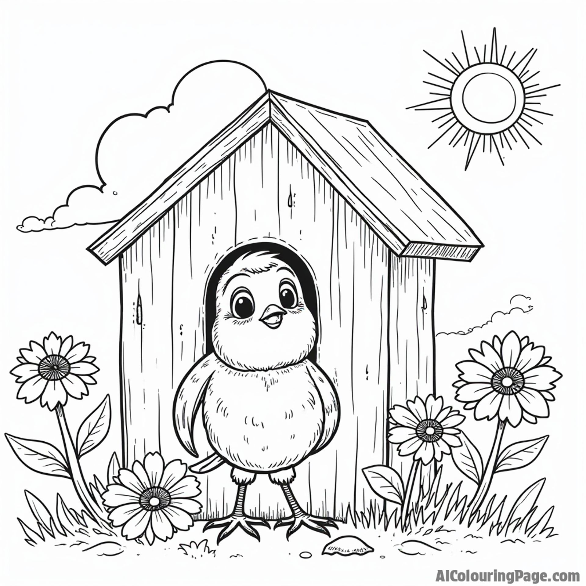 A curious robin peering into a birdhouse, with colorful flowers and a sunny sky above, inviting children to color.