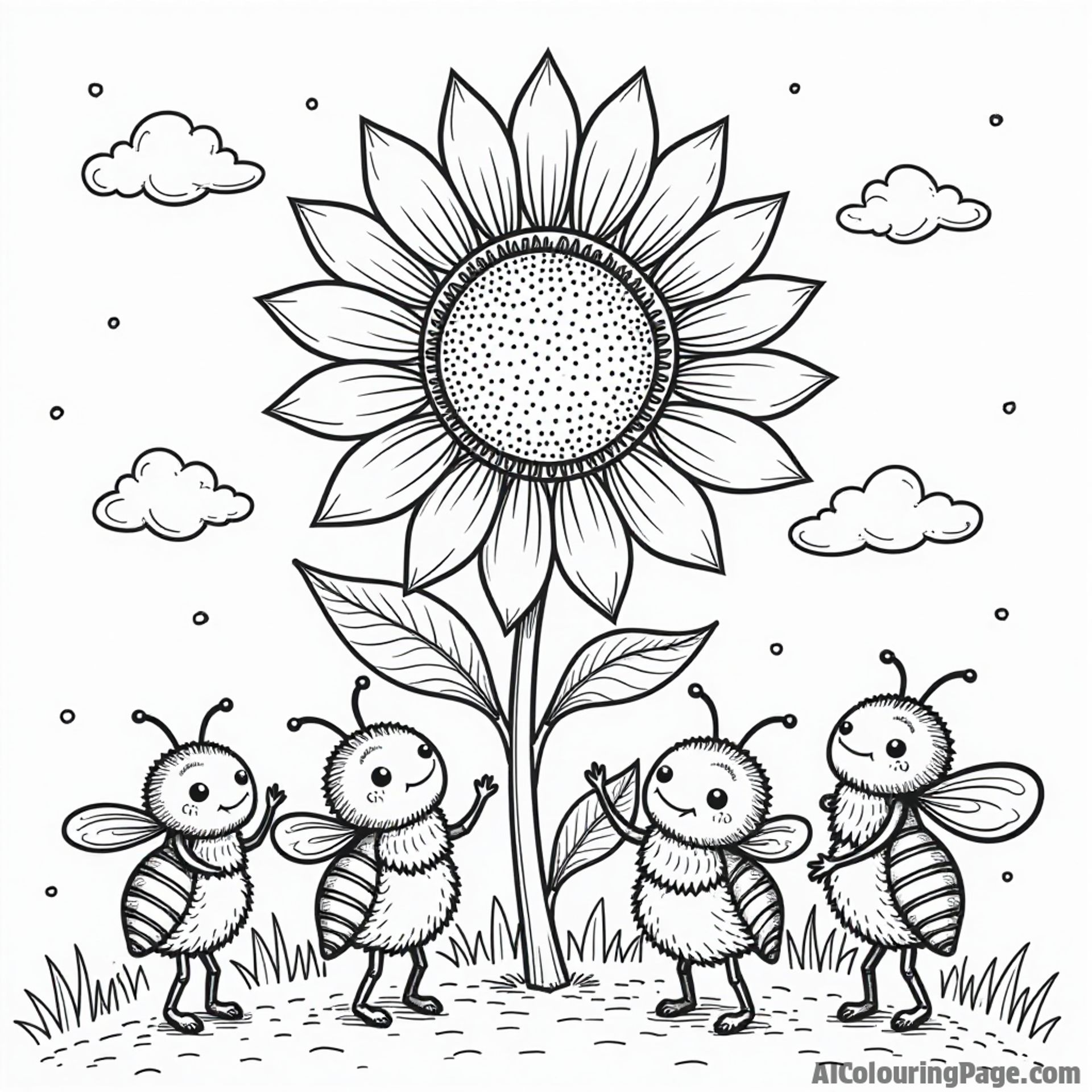 A group of bees dancing in a circle around a giant sunflower, with a blue sky and fluffy clouds above.