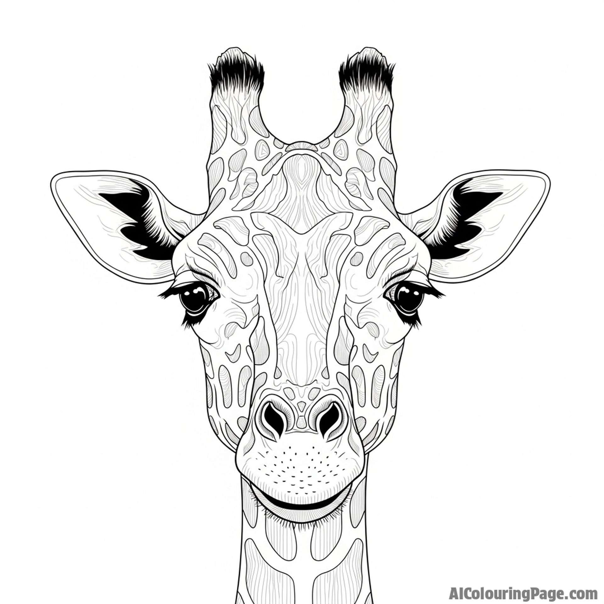An intricate ink sketch detailing a giraffe's unique facial features.