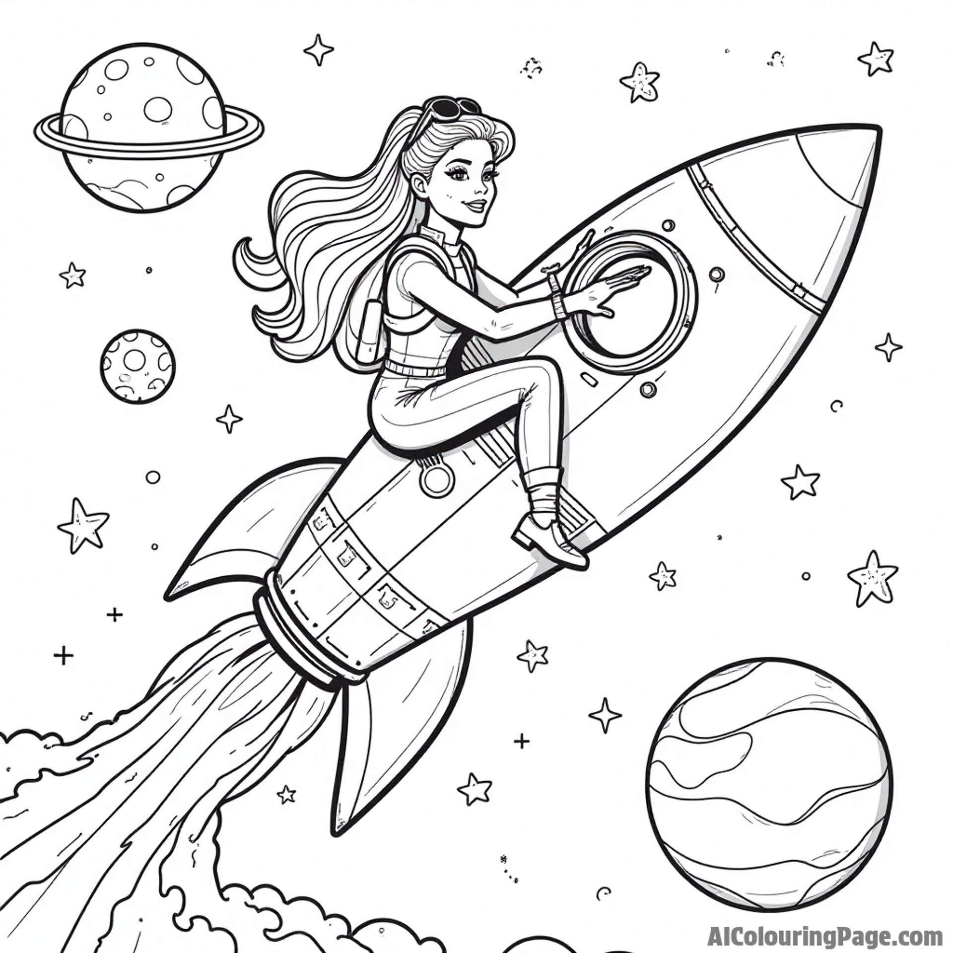 Barbie exploring outer space in a rocket ship, with planets and stars surrounding her, wearing a futuristic space suit.
