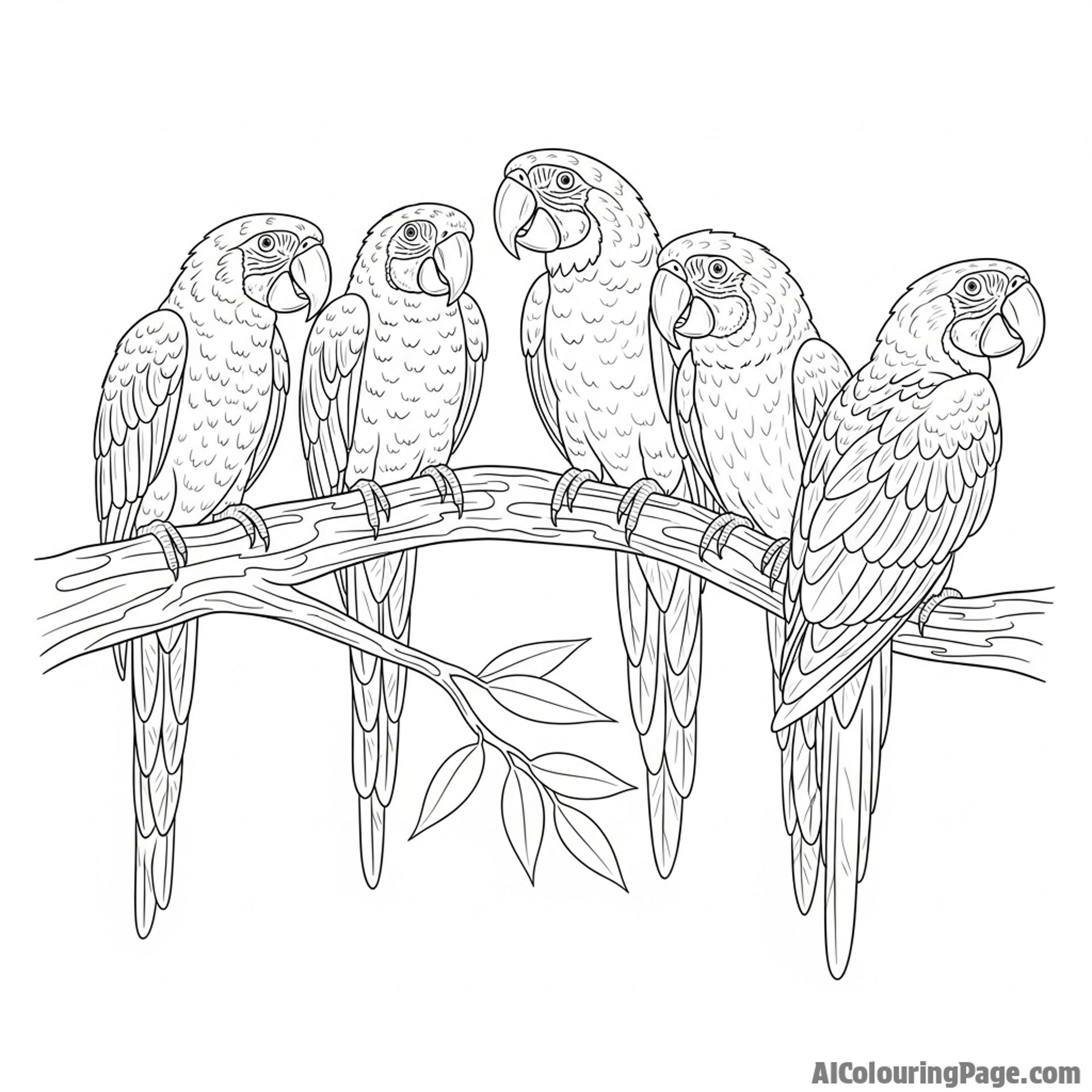 A group of parrots perched on a branch, mimicking sounds from the environment.