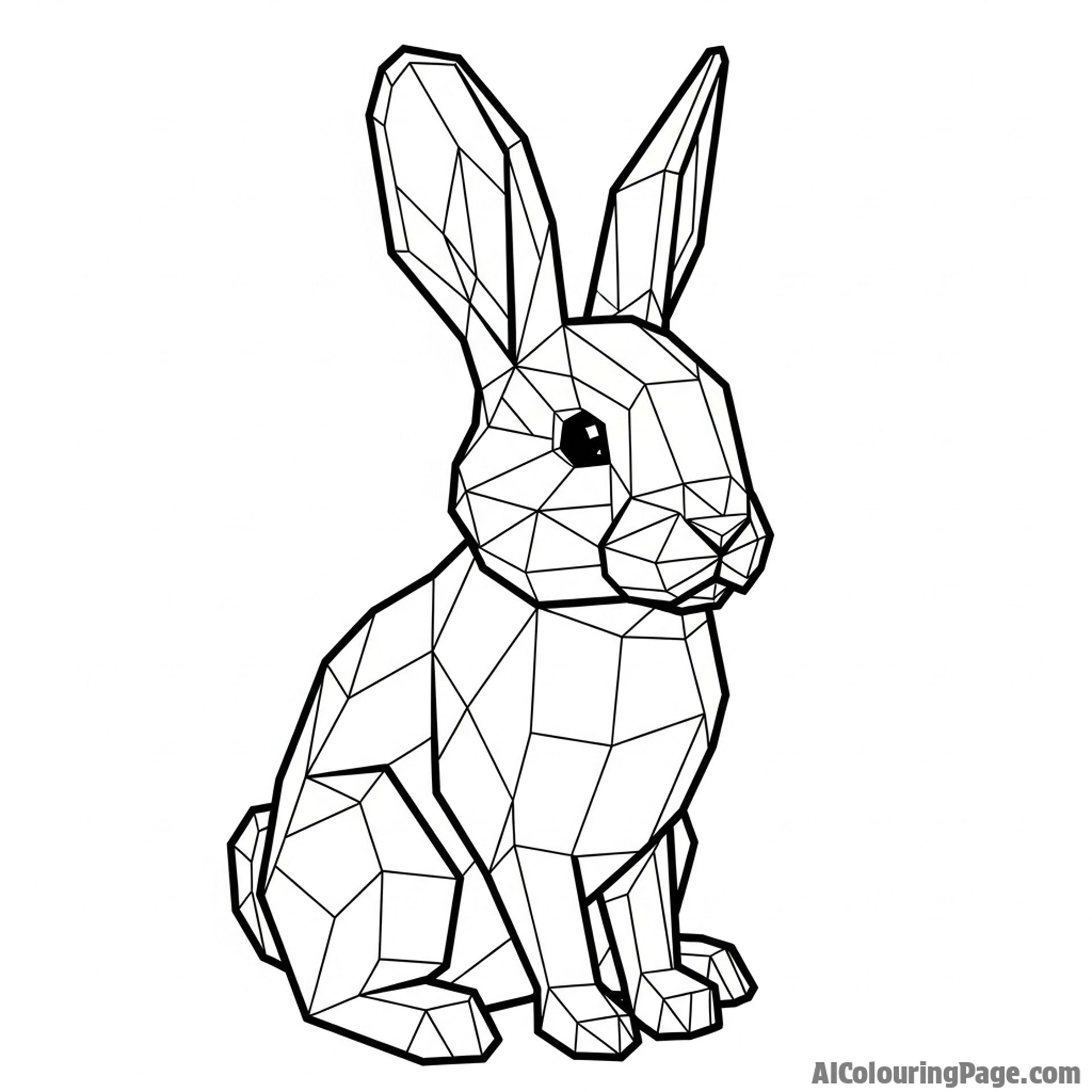 A low-poly, geometric rendering of a sitting rabbit.