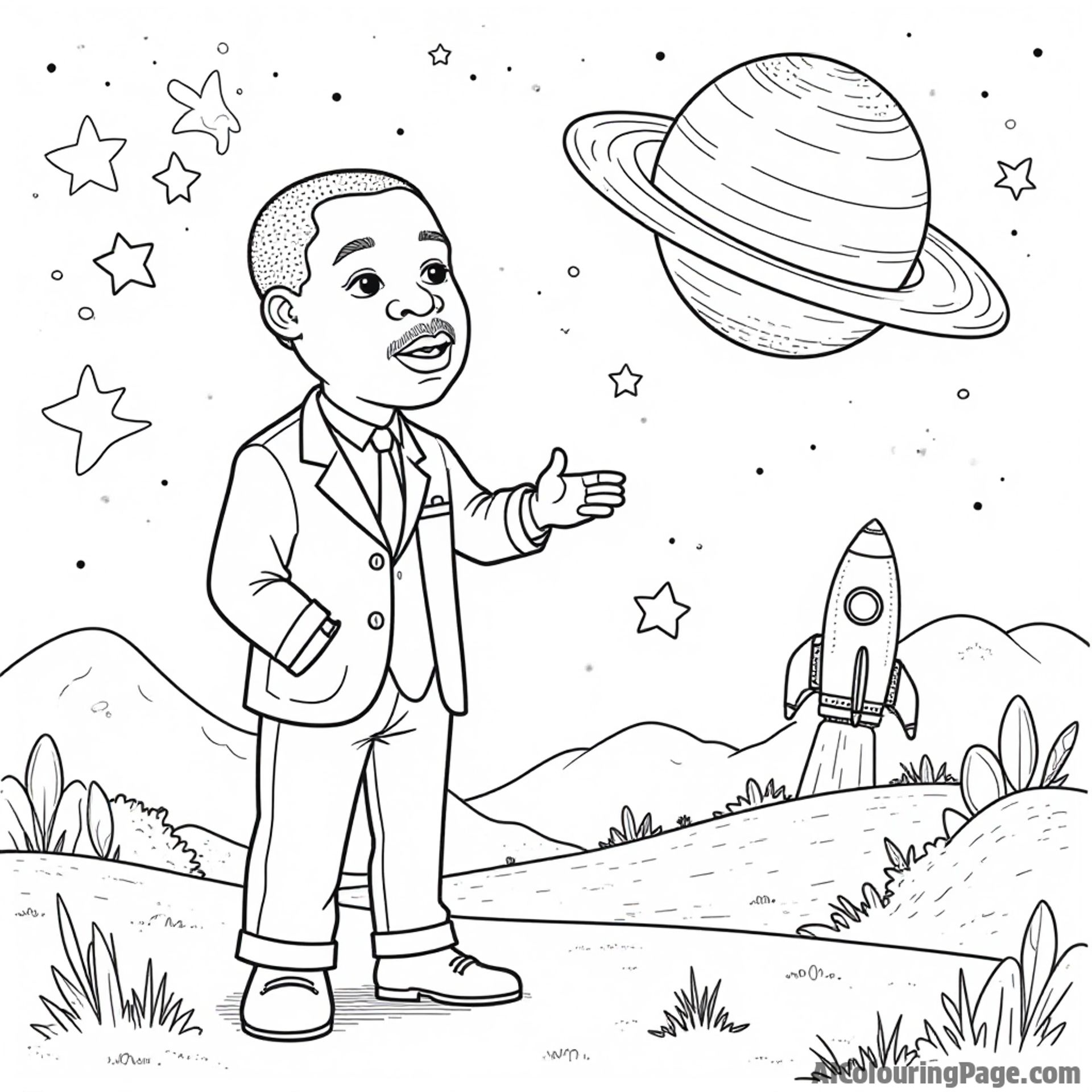 An imaginative space featuring Martin Luther King Jr. with stars and planets, teaching children about dreams, with a rocket ship nearby, inviting kids to color their adventure.