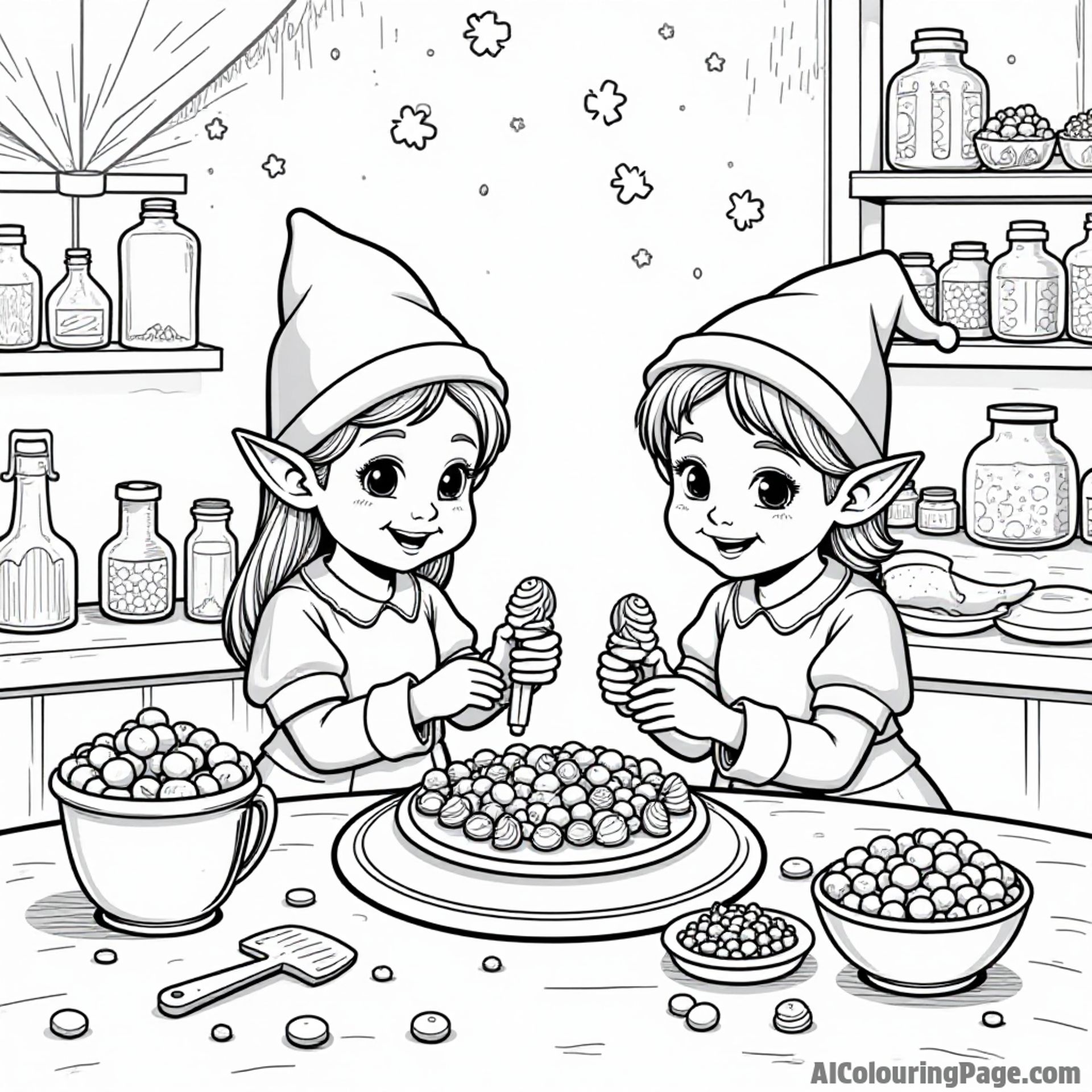 A magical candy workshop where elves create sweets, with jars of candy, chocolate molds, and sprinkles for kids to color.