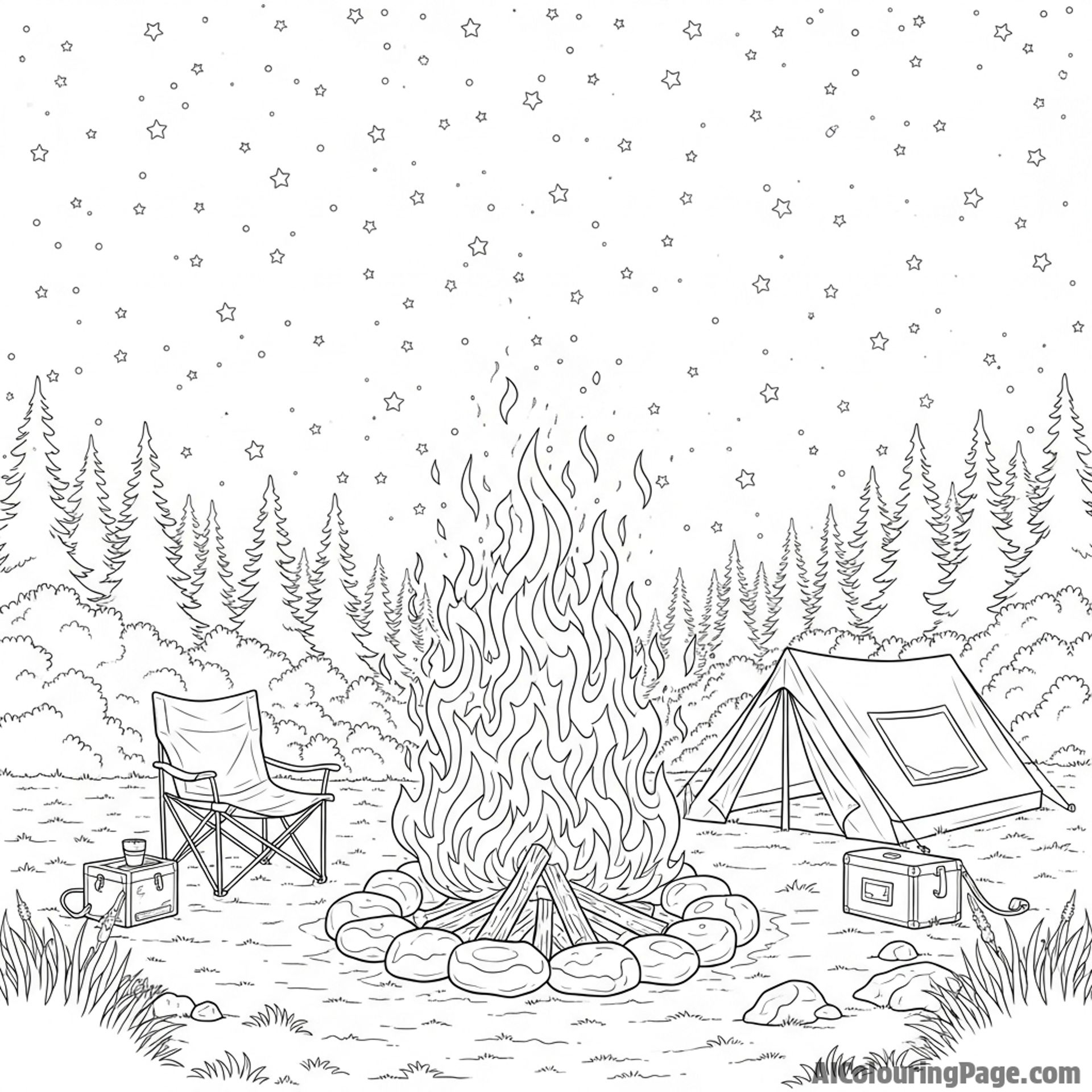 Campsite bonfire crackling beneath a star-studded sky.
