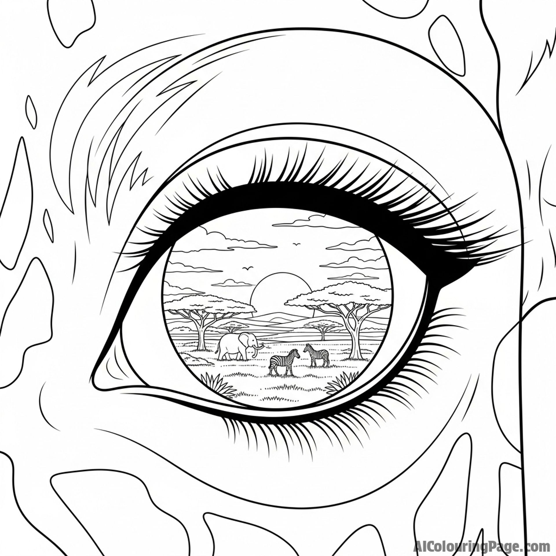 Photorealistic close-up of a giraffe's eye, reflecting the vast savanna.