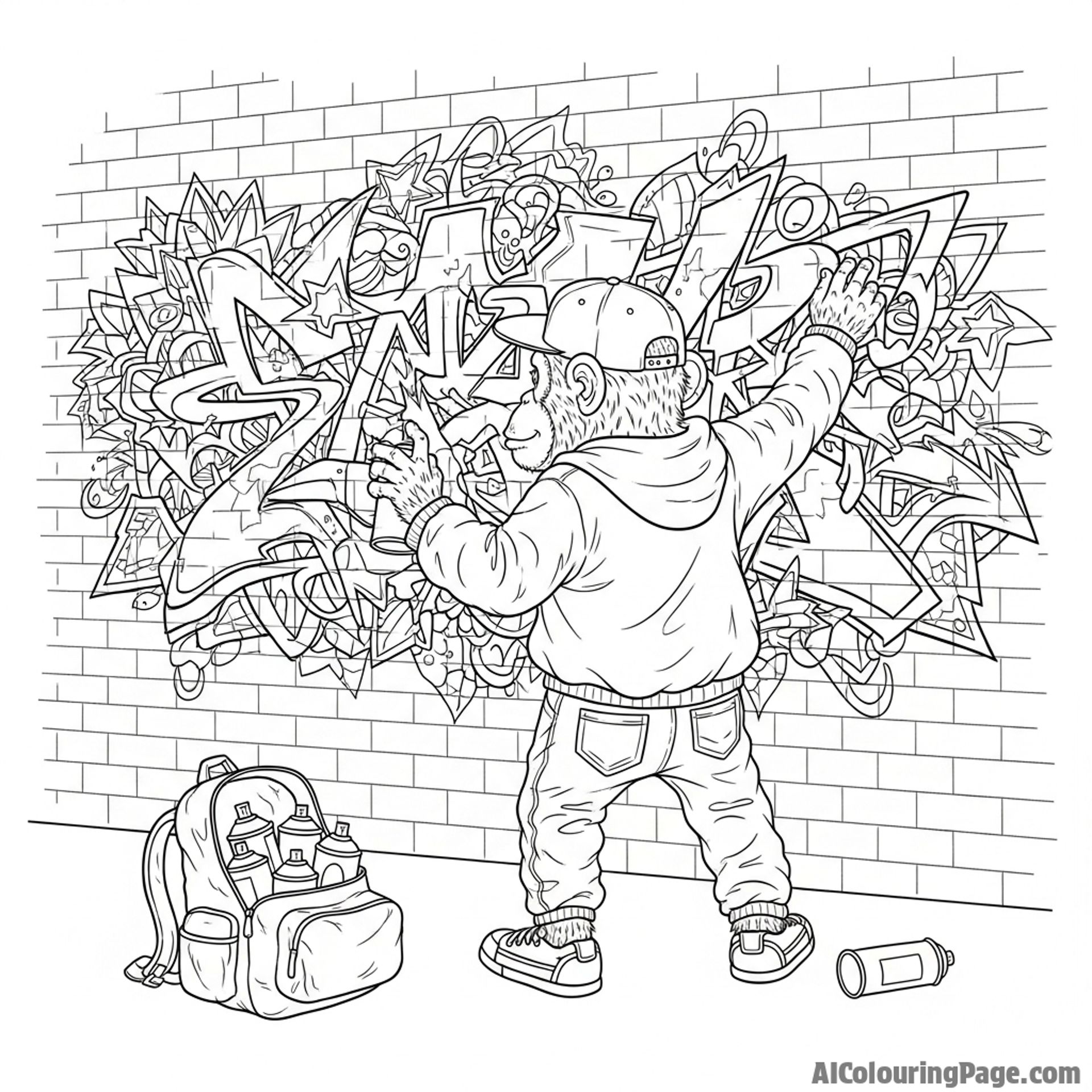 A monkey as a street artist, finishing a large graffiti mural on a brick wall.