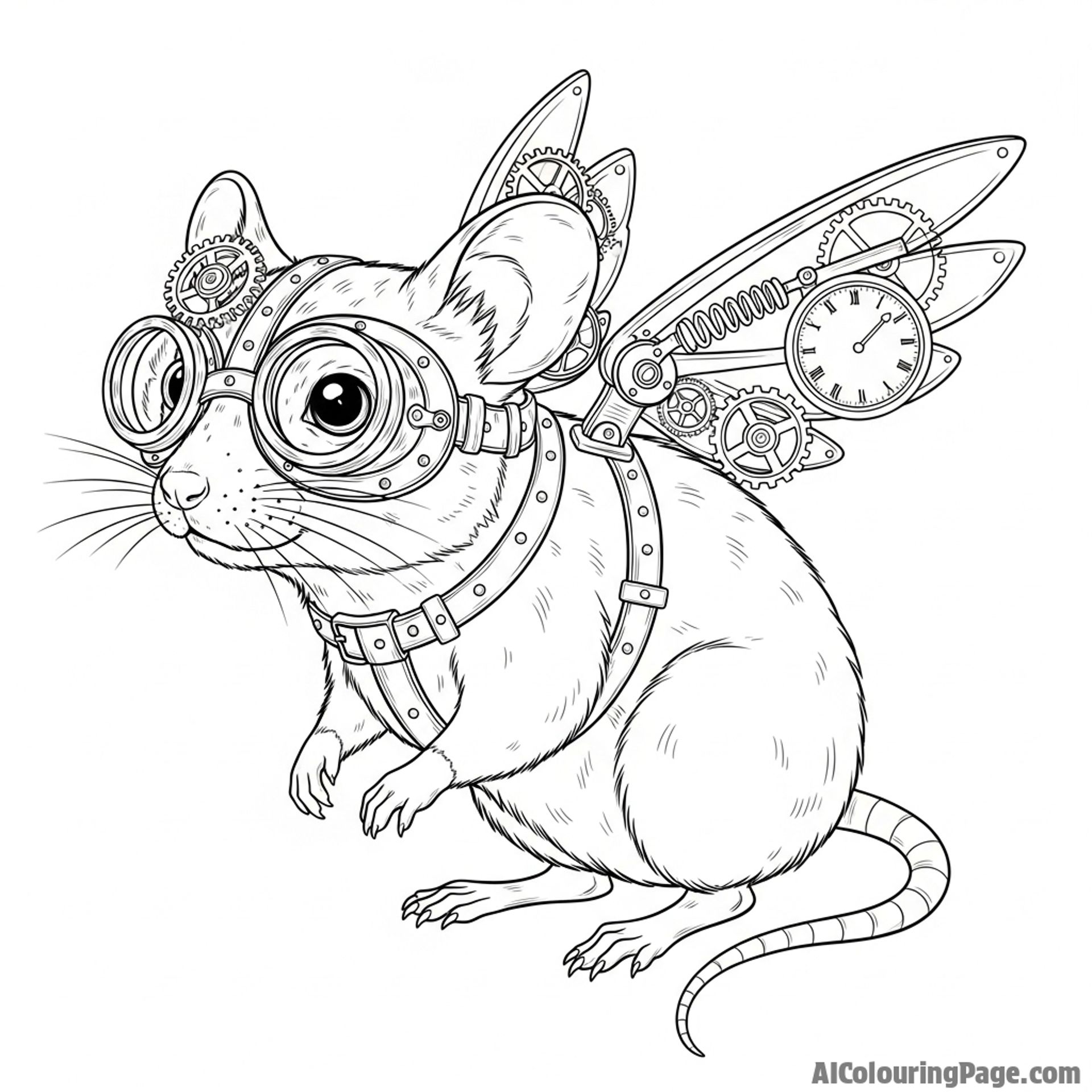 A steampunk mouse with intricate brass goggles and tiny clockwork wings.