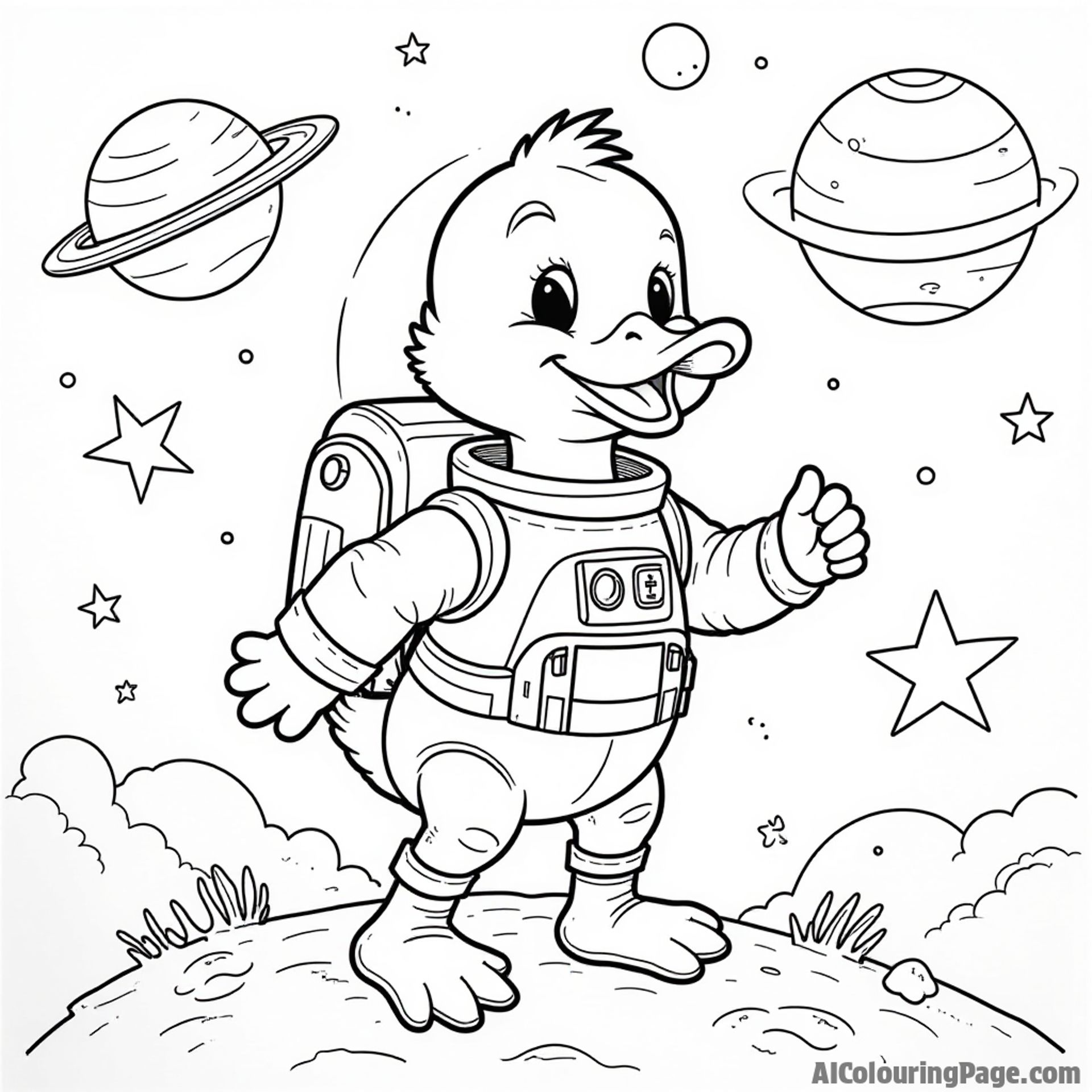 A duck exploring outer space in an astronaut suit surrounded by stars, planets, and friendly aliens.