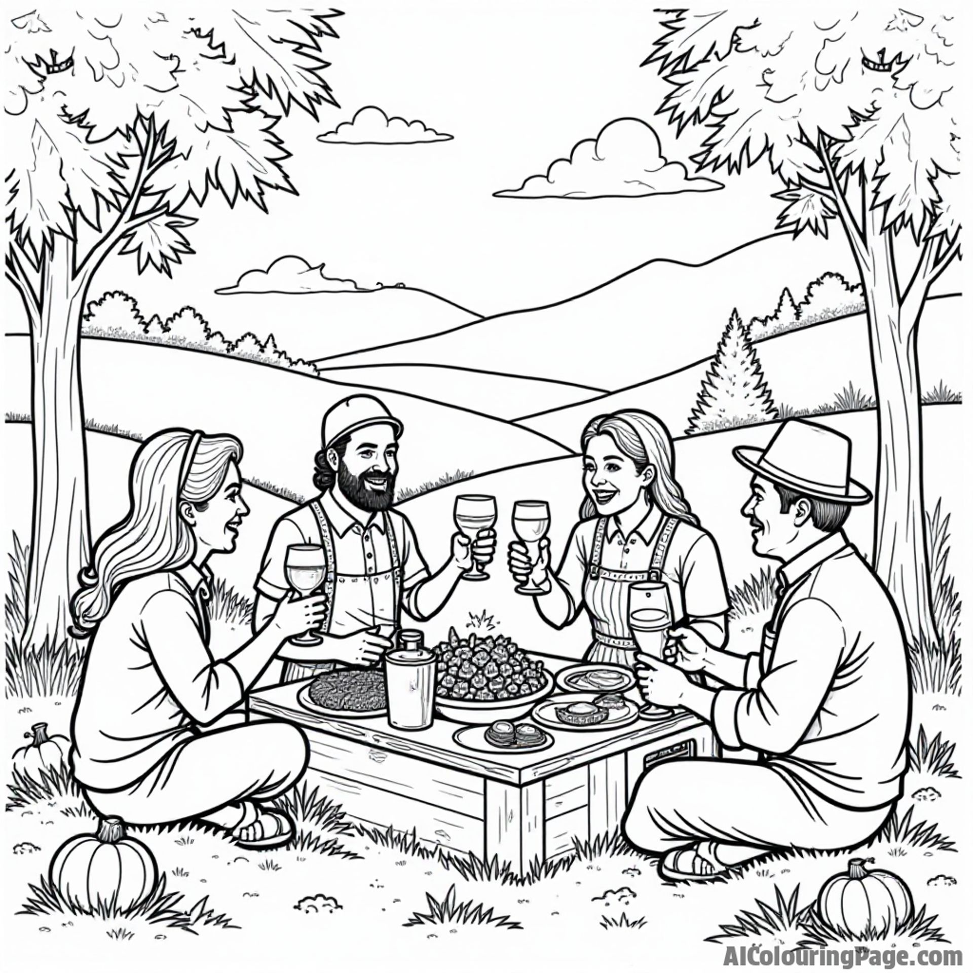 A cheerful Oktoberfest picnic scene with friends sharing delicious food, playing games, and enjoying the beautiful autumn scenery, creating a joyful atmosphere perfect for coloring fun.