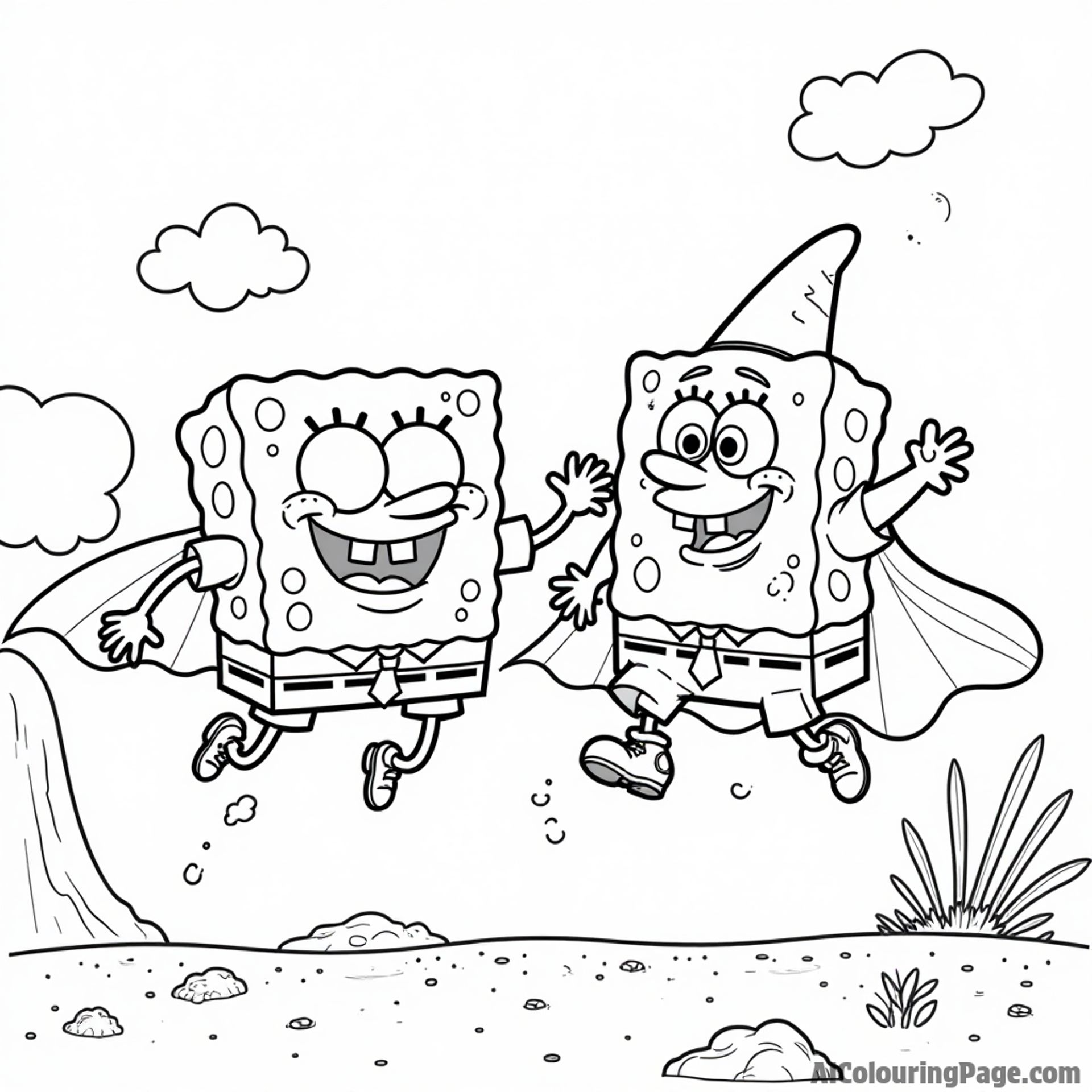 SpongeBob and Patrick pretending to be superheroes, flying through the sky above Bikini Bottom with capes and masks