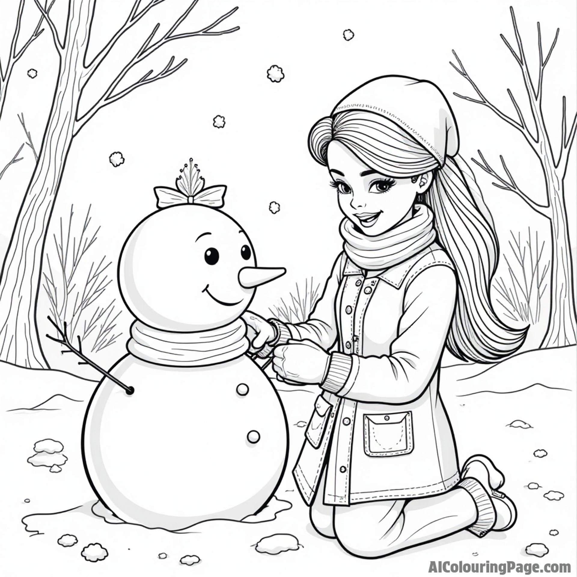 Barbie at a winter wonderland, building a snowman and having a snowball fight, wearing a cozy scarf and mittens.