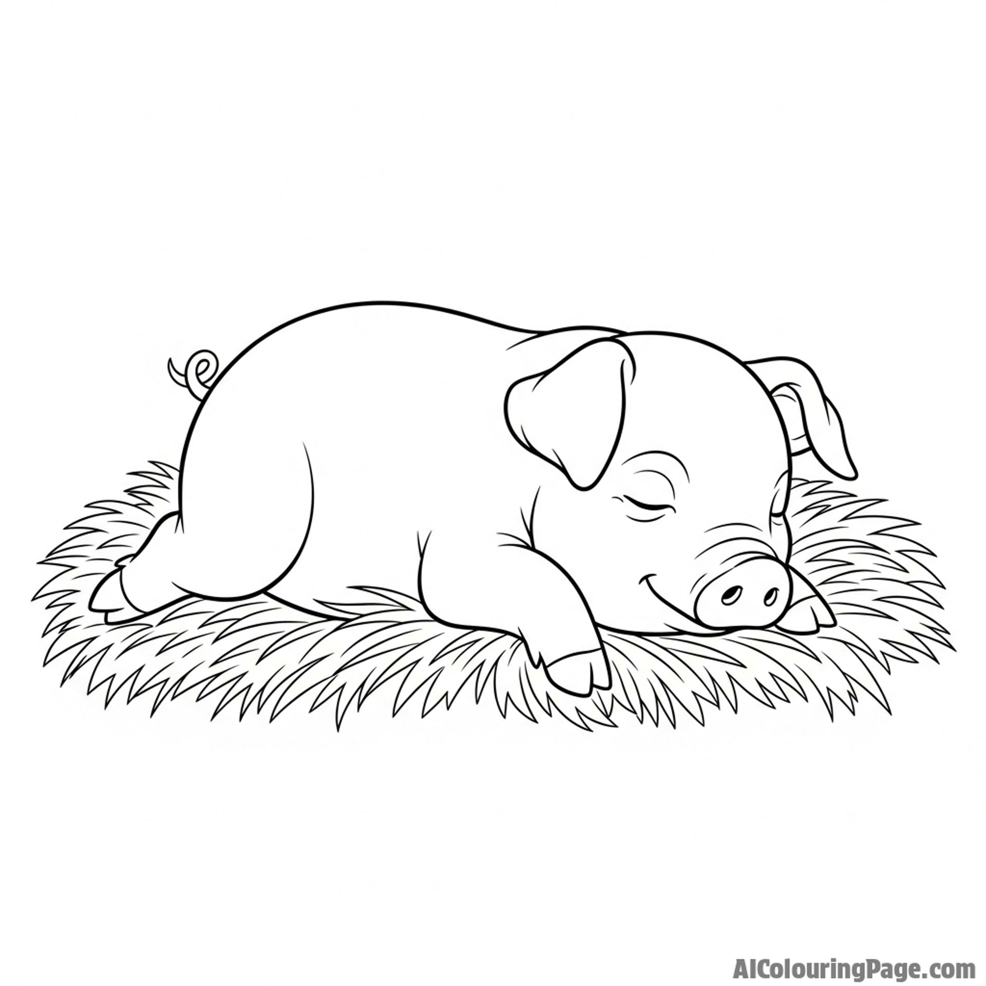 A piglet sleeping peacefully on a pile of straw, soft lighting.