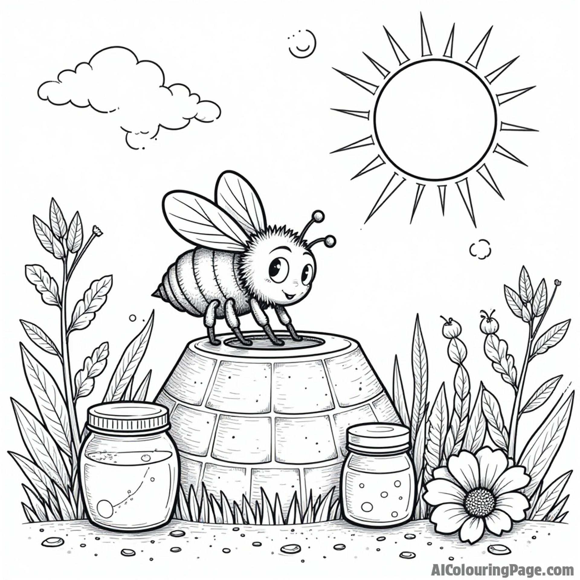 A little bee building a honeycomb with its friends, surrounded by jars of honey and flowers in a sunny garden.