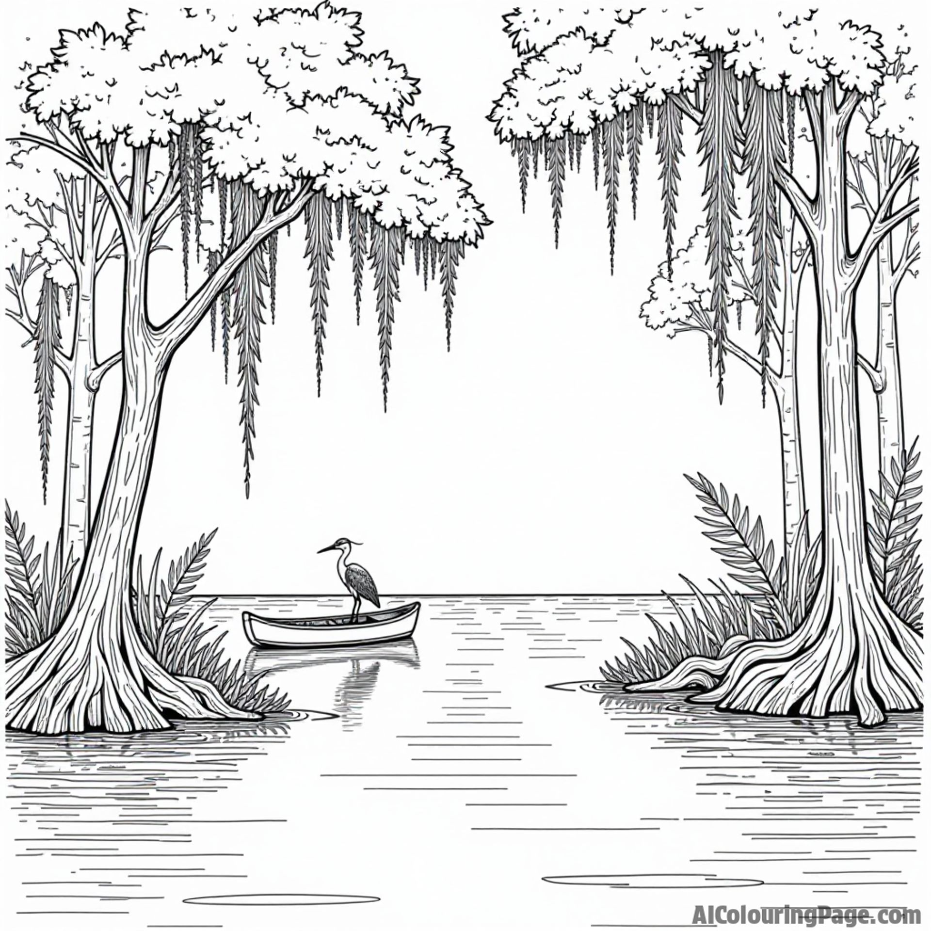 A serene cypress swamp landscape with a heron, hanging Spanish moss, and a small canoe gliding through the water.