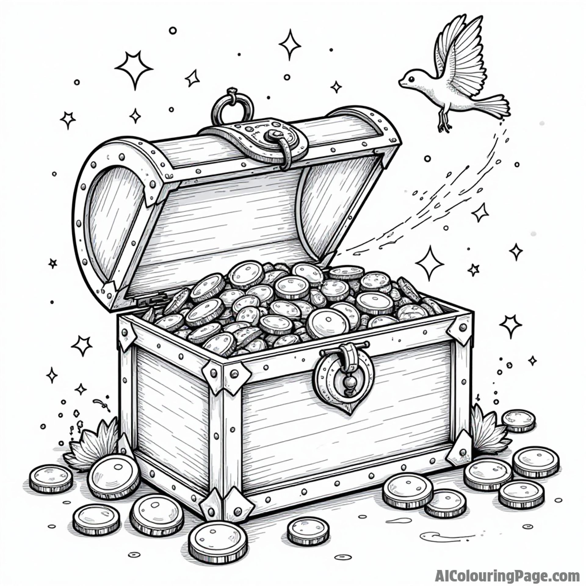 A treasure chest overflowing with gold coins and jewels, surrounded by a mystical aura and magical creatures peeking out