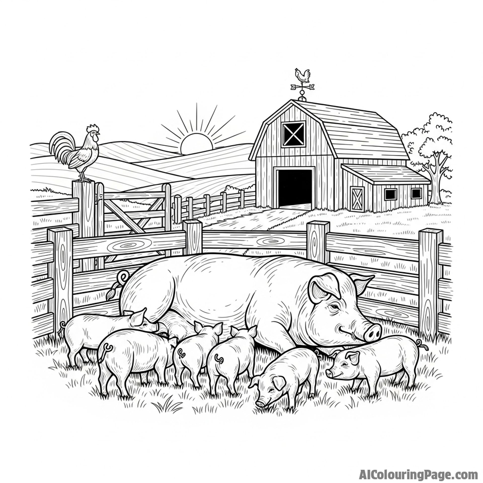 A woodcut print of a traditional farm scene featuring a sow and her piglets.