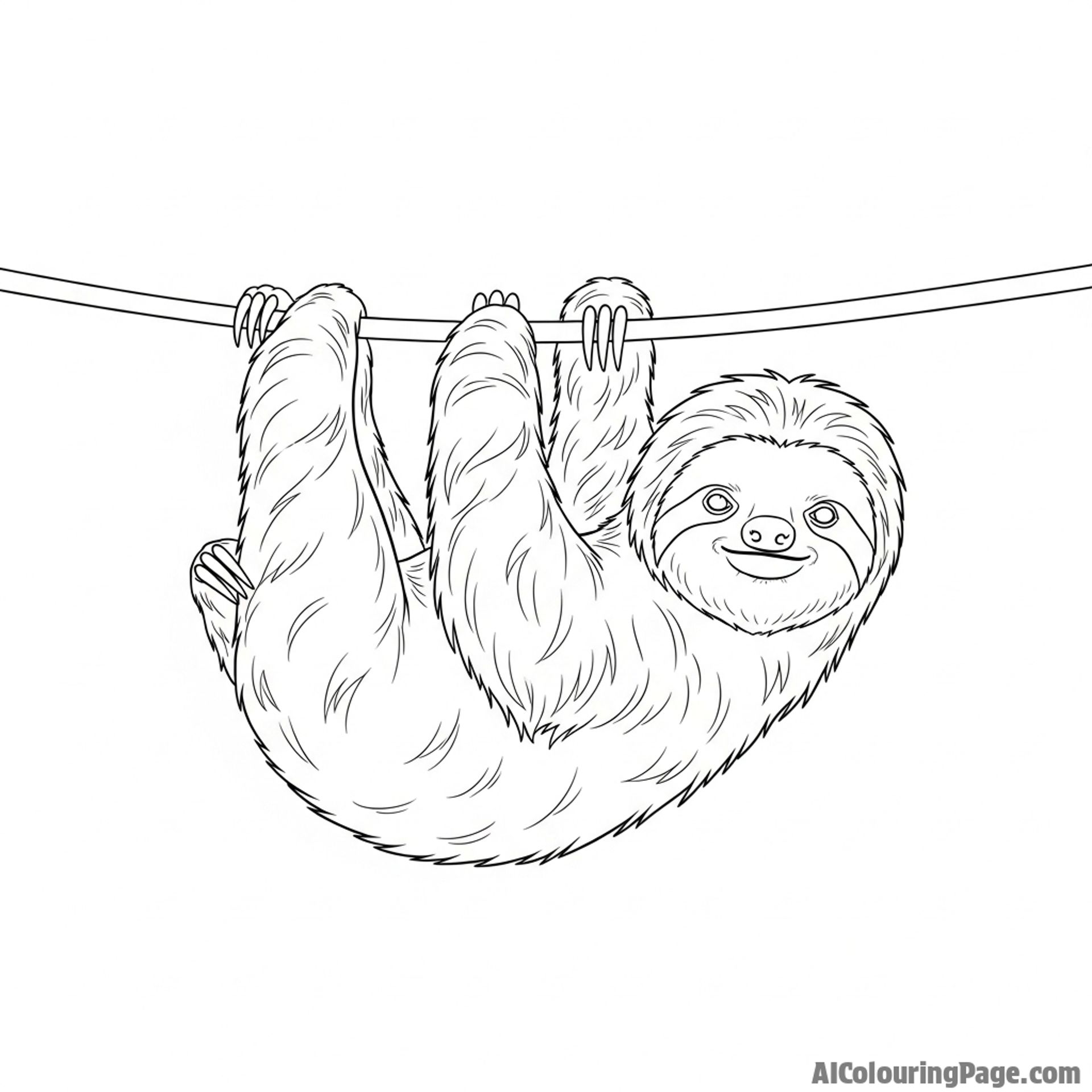 Minimalist line art of a sloth hanging from a single, continuous line.