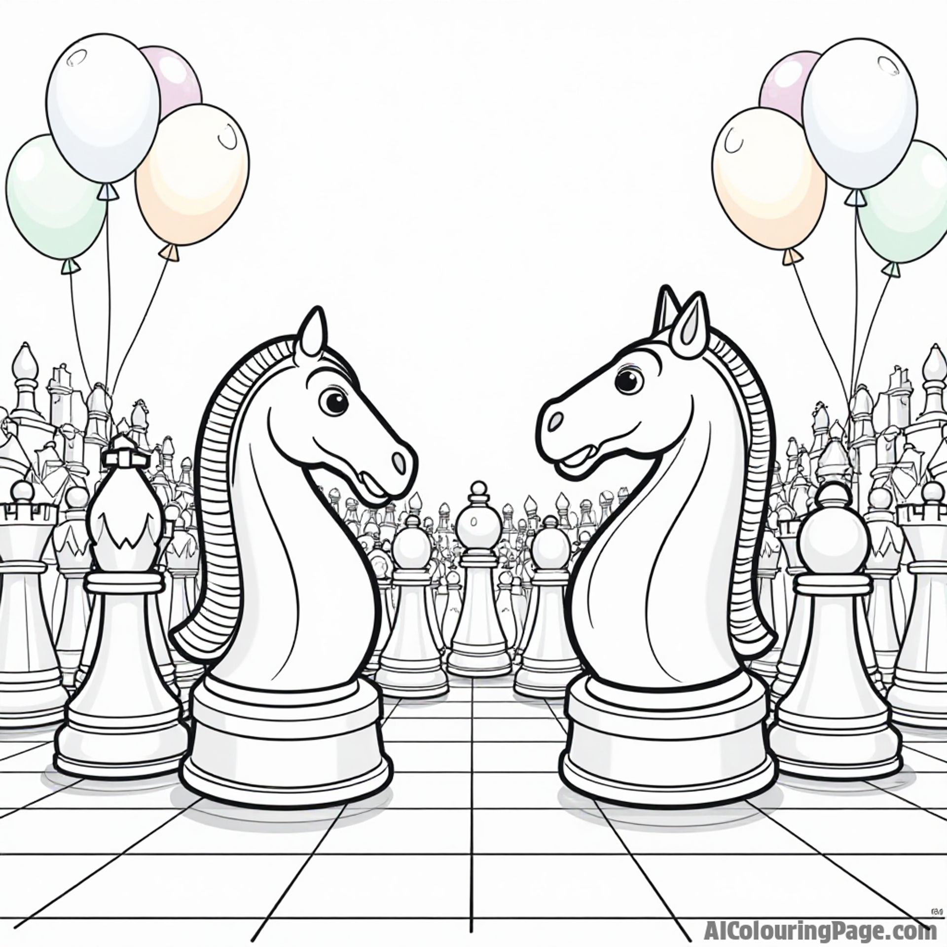 A chess tournament scene with animated chess pieces, where knights and rooks are joyfully competing, set against a backdrop of colorful balloons and a cheering crowd, perfect for coloring.