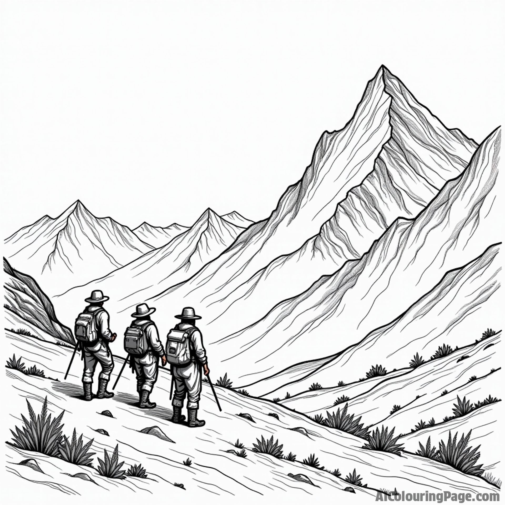 A vintage photograph of explorers in a mountainous region.
