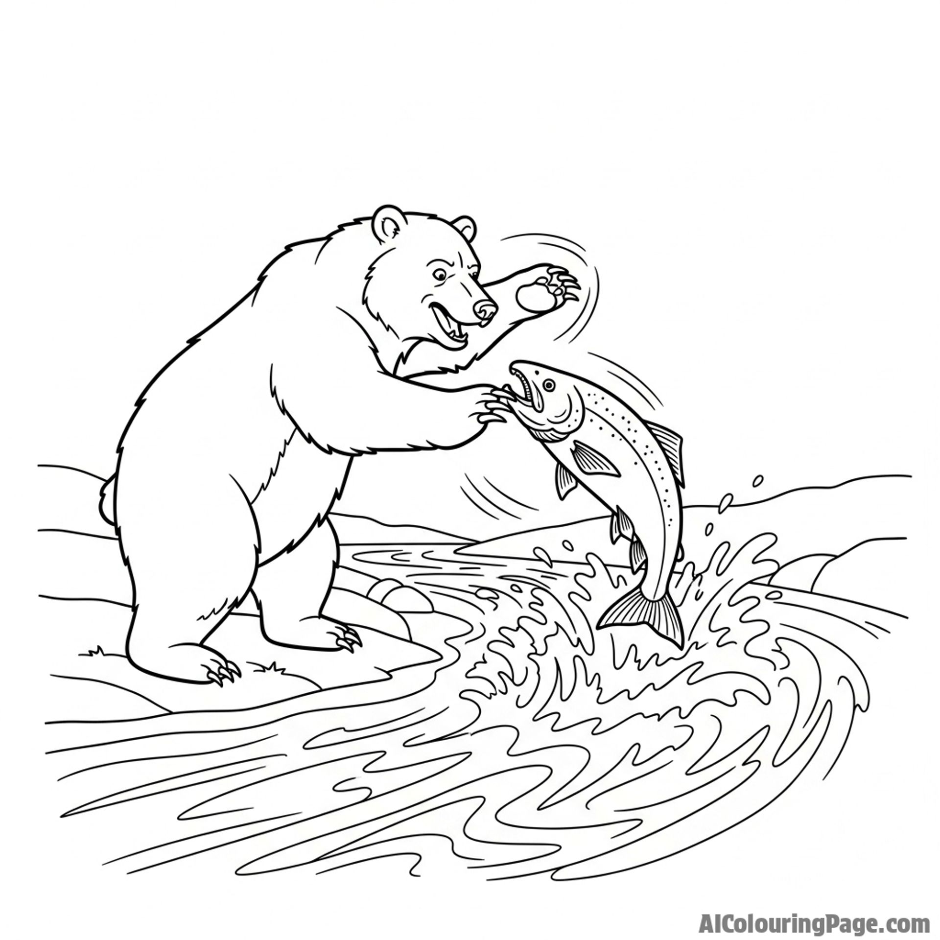A grizzly bear swatting at a salmon in a rushing river