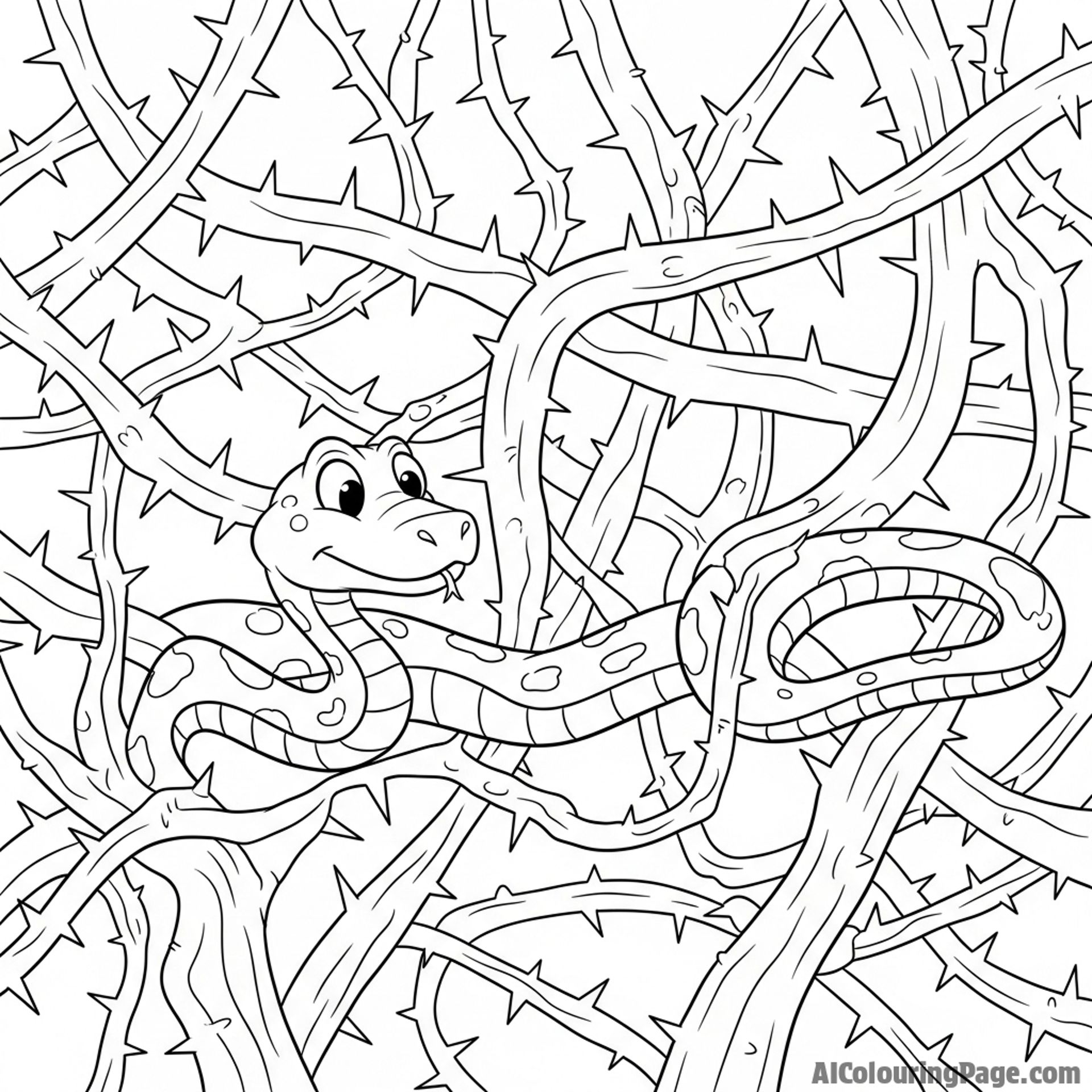 A snake navigating a dense labyrinth of thorny branches.