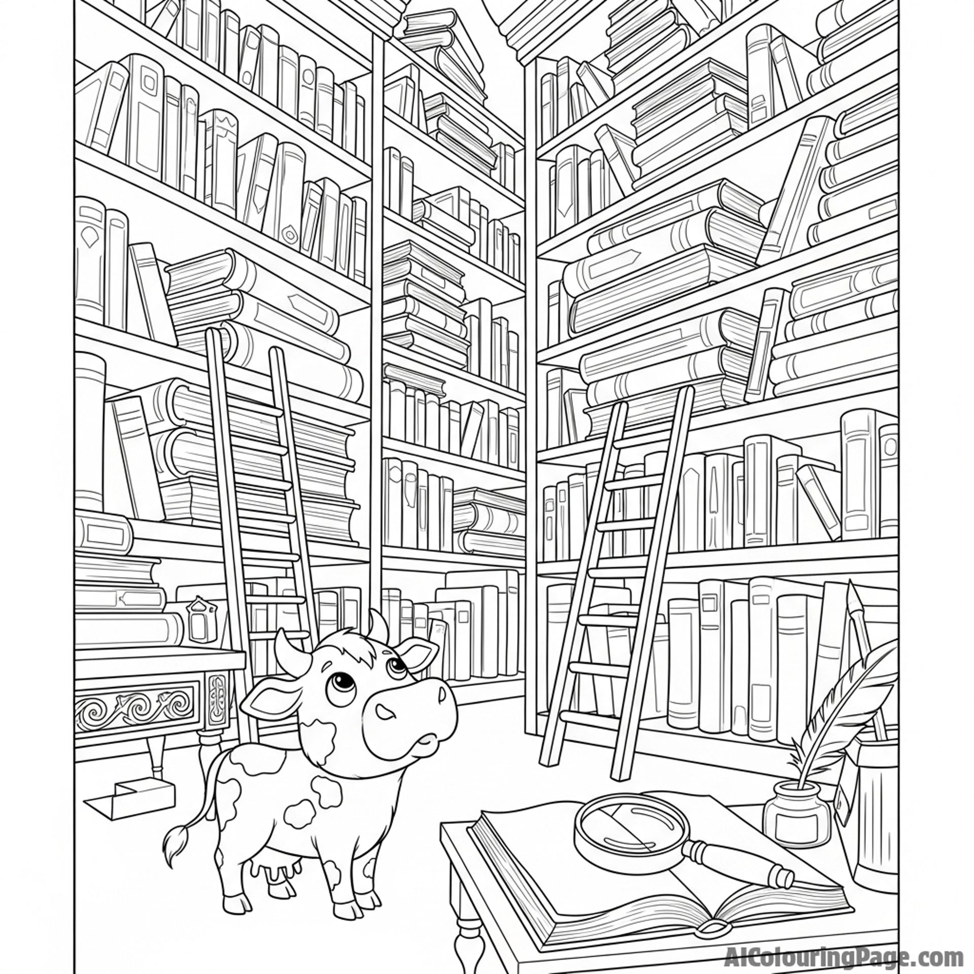 A tiny, miniature cow exploring a vast library of towering, ancient books.