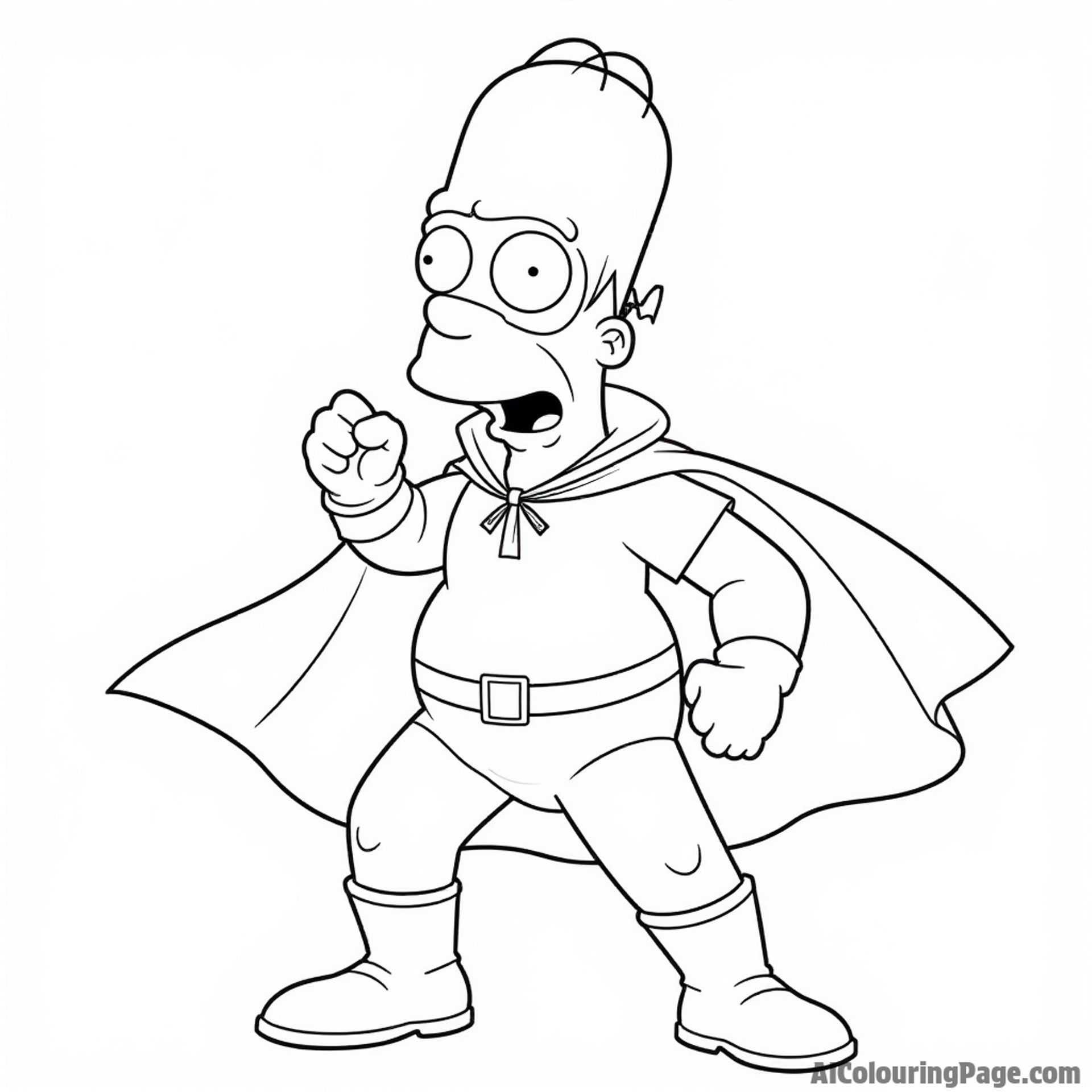 Homer dressed as a superhero, striking a heroic pose while wearing a cape and mask, ready to save the day.