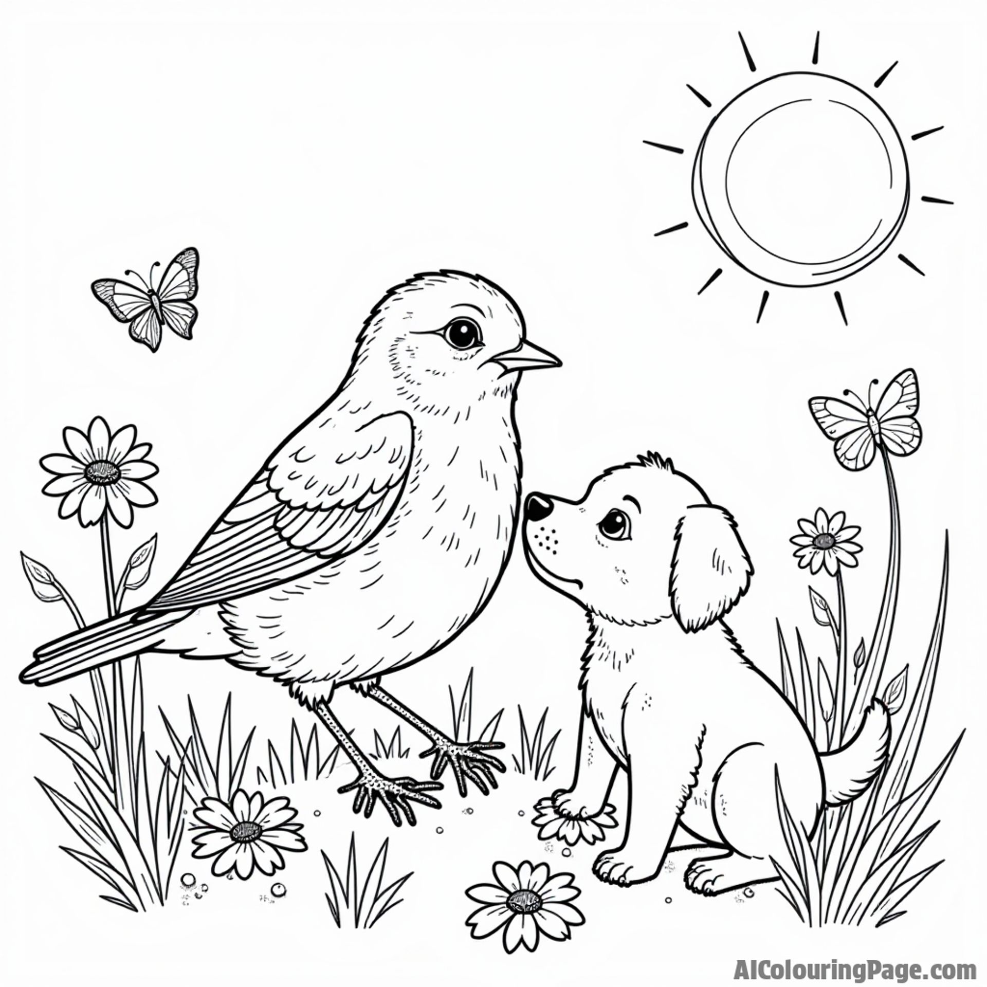 A robin playing in a field of daisies with a playful puppy, surrounded by butterflies and sunshine, ready for kids to color.